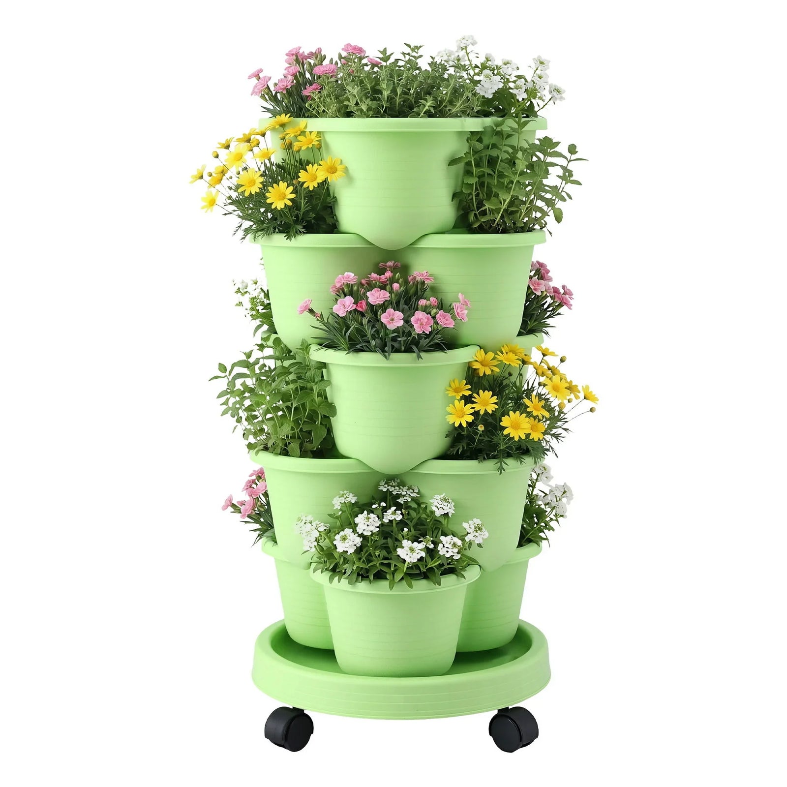 5 Tier Vertical Garden Planter, Stackable Planters with Wheels, Light Green, Garden Bed, Garden Tower Indoor Outdoor, Auto Drainage System, for Strawberries, Herbs, Flowers, Vegetables
