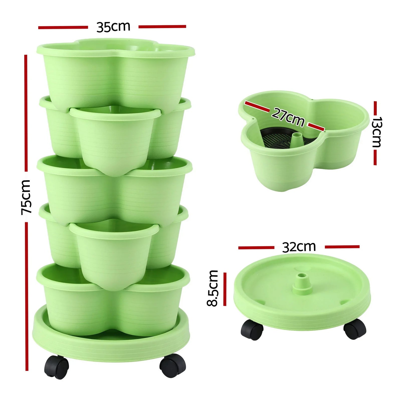 5 Tier Vertical Garden Planter, Stackable Planters with Wheels, Light Green, Garden Bed, Garden Tower Indoor Outdoor, Auto Drainage System, for Strawberries, Herbs, Flowers, Vegetables