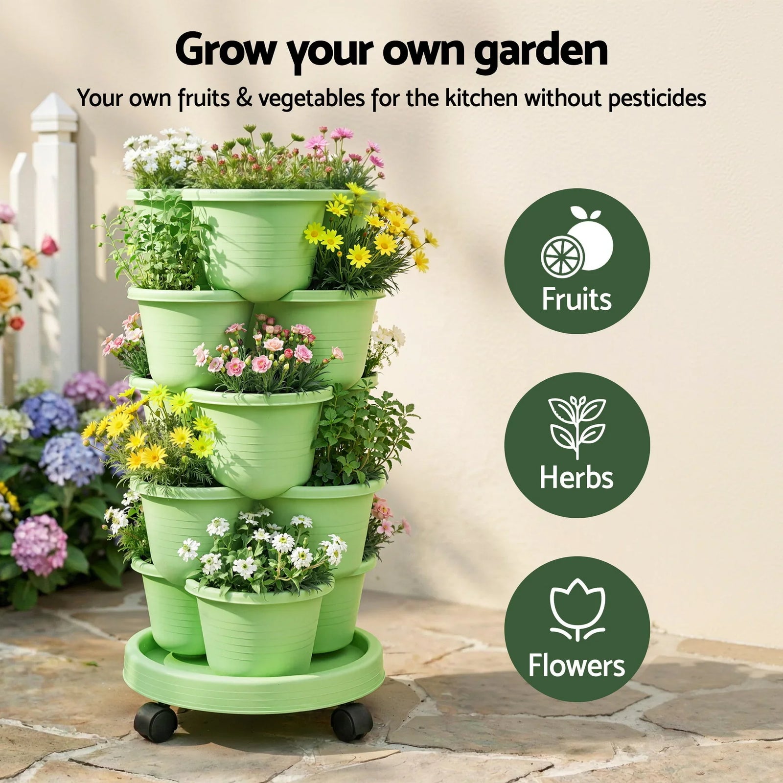 5 Tier Vertical Garden Planter, Stackable Planters with Wheels, Light Green, Garden Bed, Garden Tower Indoor Outdoor, Auto Drainage System, for Strawberries, Herbs, Flowers, Vegetables