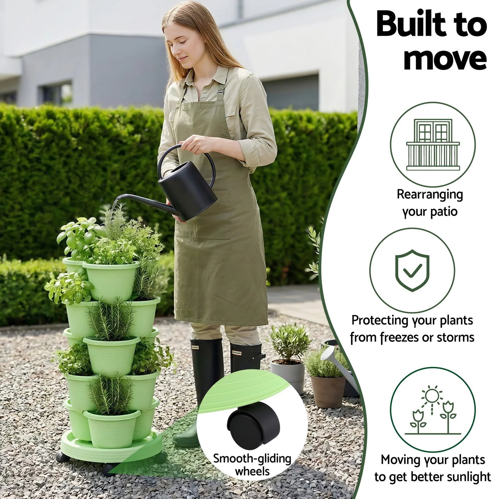 5 Tier Vertical Garden Planter, Stackable Planters with Wheels, Light Green, Garden Bed, Garden Tower Indoor Outdoor, Auto Drainage System, for Strawberries, Herbs, Flowers, Vegetables