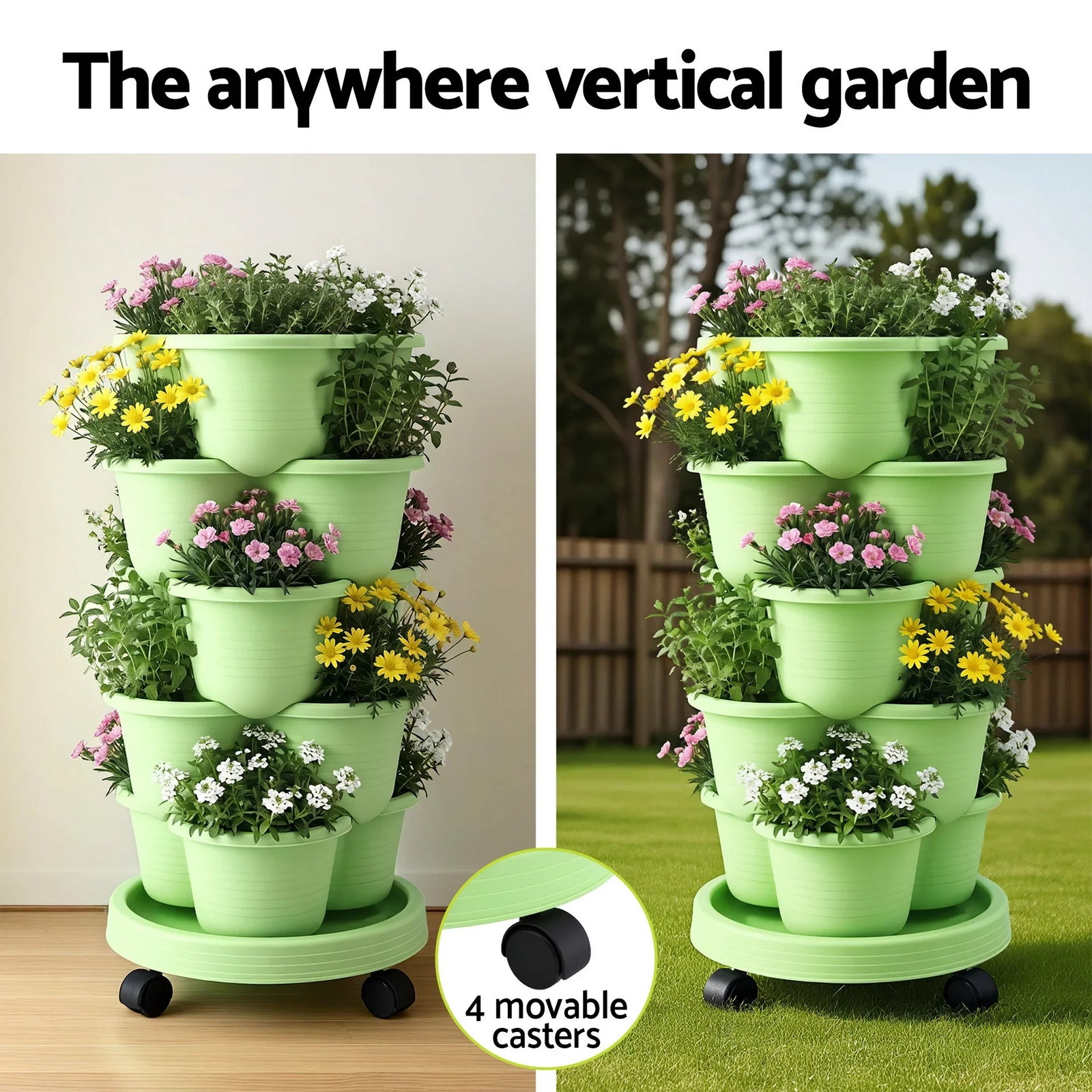 5 Tier Vertical Garden Planter, Stackable Planters with Wheels, Light Green, Garden Bed, Garden Tower Indoor Outdoor, Auto Drainage System, for Strawberries, Herbs, Flowers, Vegetables