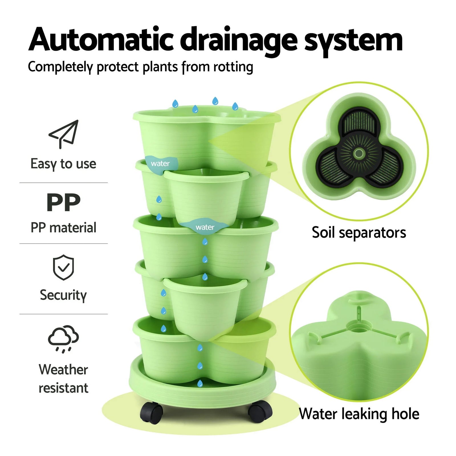 5 Tier Vertical Garden Planter, Stackable Planters with Wheels, Light Green, Garden Bed, Garden Tower Indoor Outdoor, Auto Drainage System, for Strawberries, Herbs, Flowers, Vegetables
