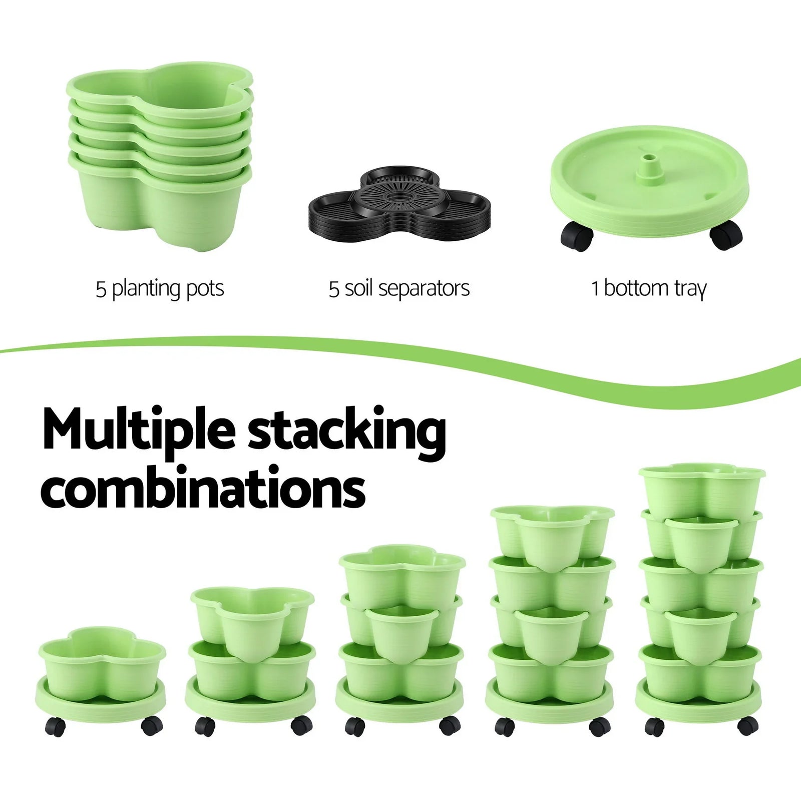 5 Tier Vertical Garden Planter, Stackable Planters with Wheels, Light Green, Garden Bed, Garden Tower Indoor Outdoor, Auto Drainage System, for Strawberries, Herbs, Flowers, Vegetables