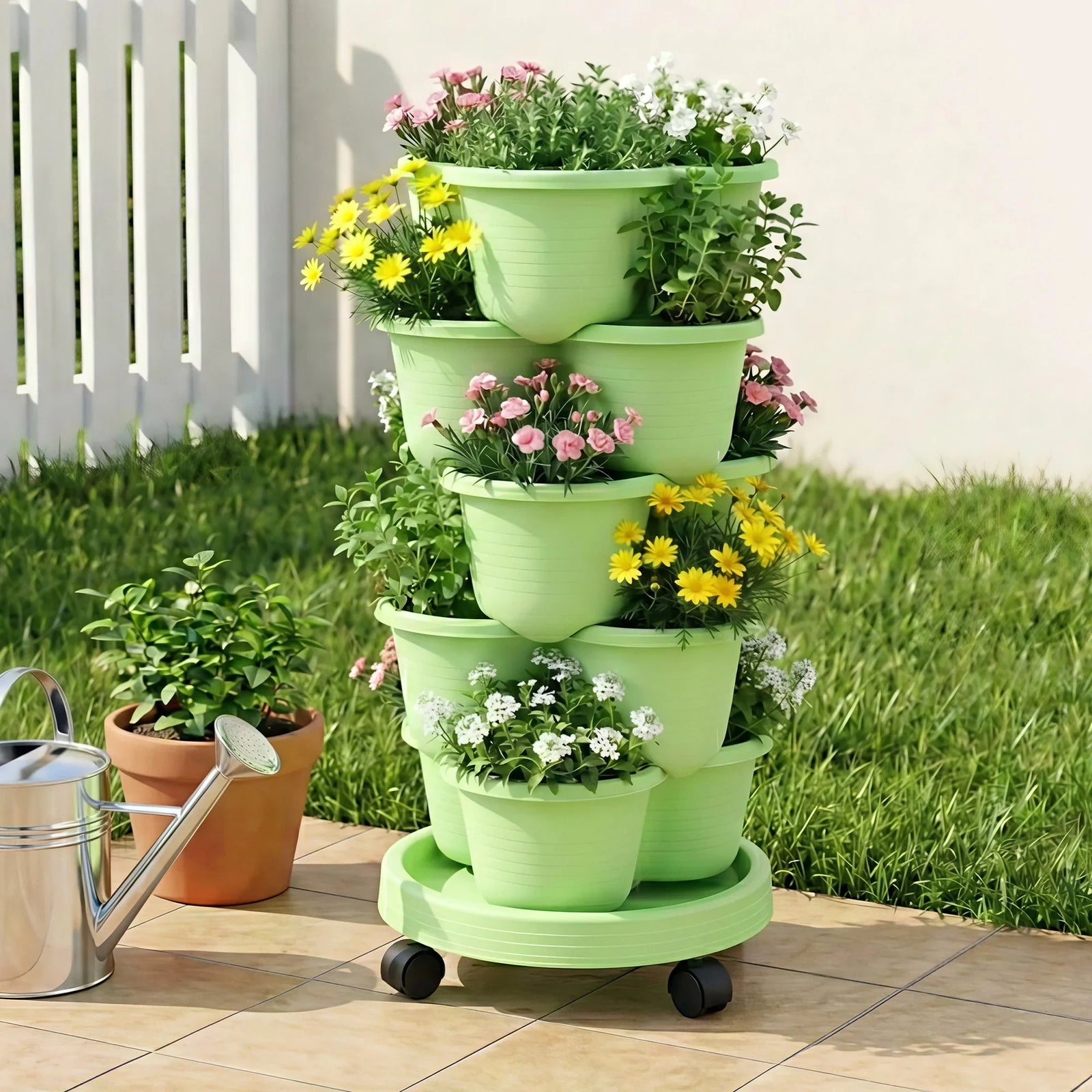 5 Tier Vertical Garden Planter, Stackable Planters with Wheels, Light Green, Garden Bed, Garden Tower Indoor Outdoor, Auto Drainage System, for Strawberries, Herbs, Flowers, Vegetables