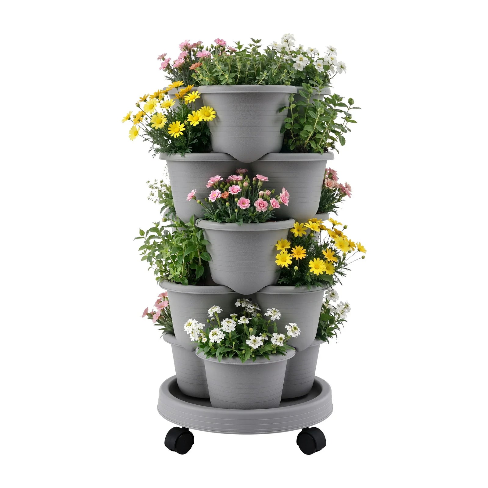 5 Tier Vertical Garden Planter, Stackable Planters with 4 Wheels, Grey, Raised Garden Bed, Garden Tower Indoor Outdoor, Auto Drainage System, for Strawberries, Herbs, Flower, Vegetables