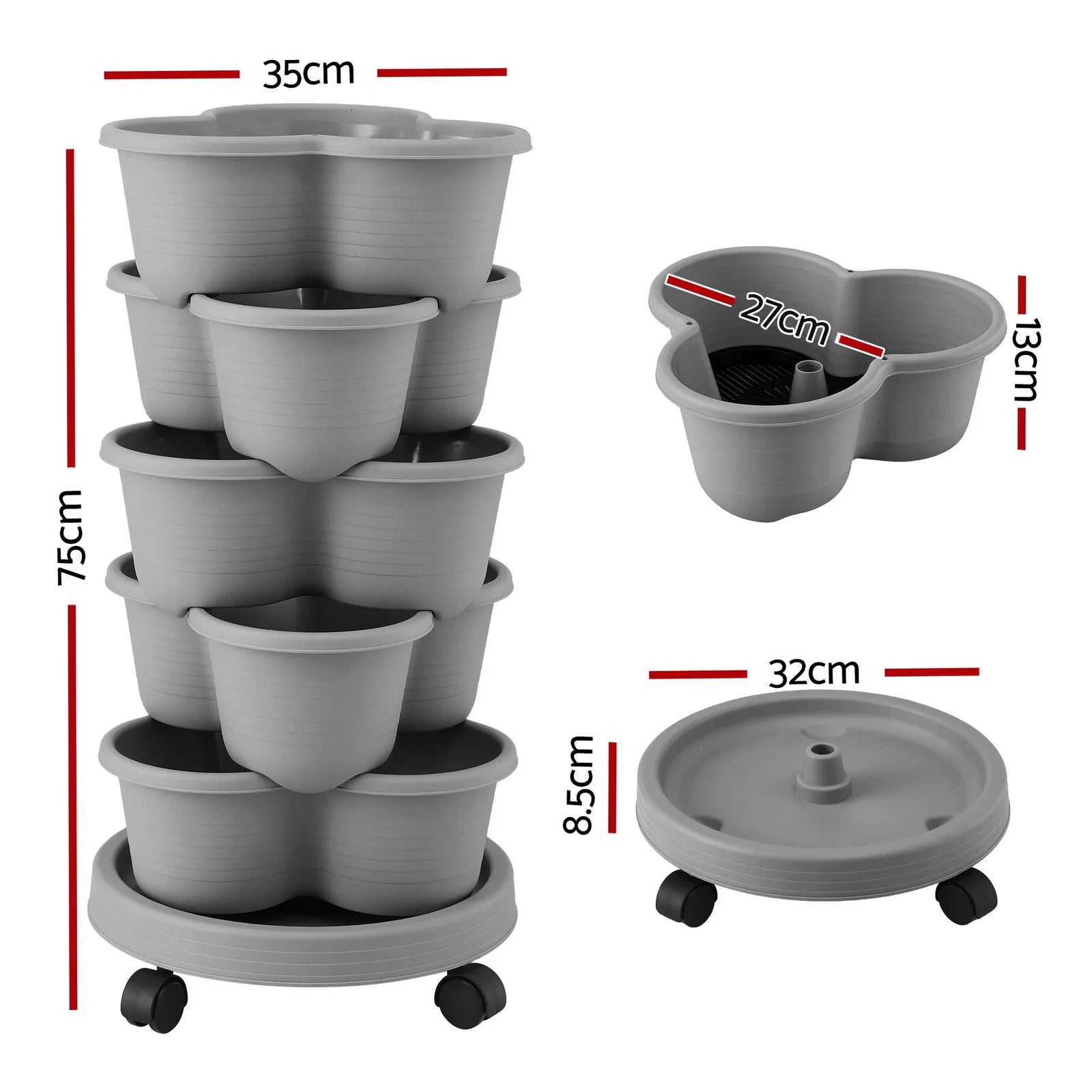 5 Tier Vertical Garden Planter, Stackable Planters with 4 Wheels, Grey, Raised Garden Bed, Garden Tower Indoor Outdoor, Auto Drainage System, for Strawberries, Herbs, Flower, Vegetables