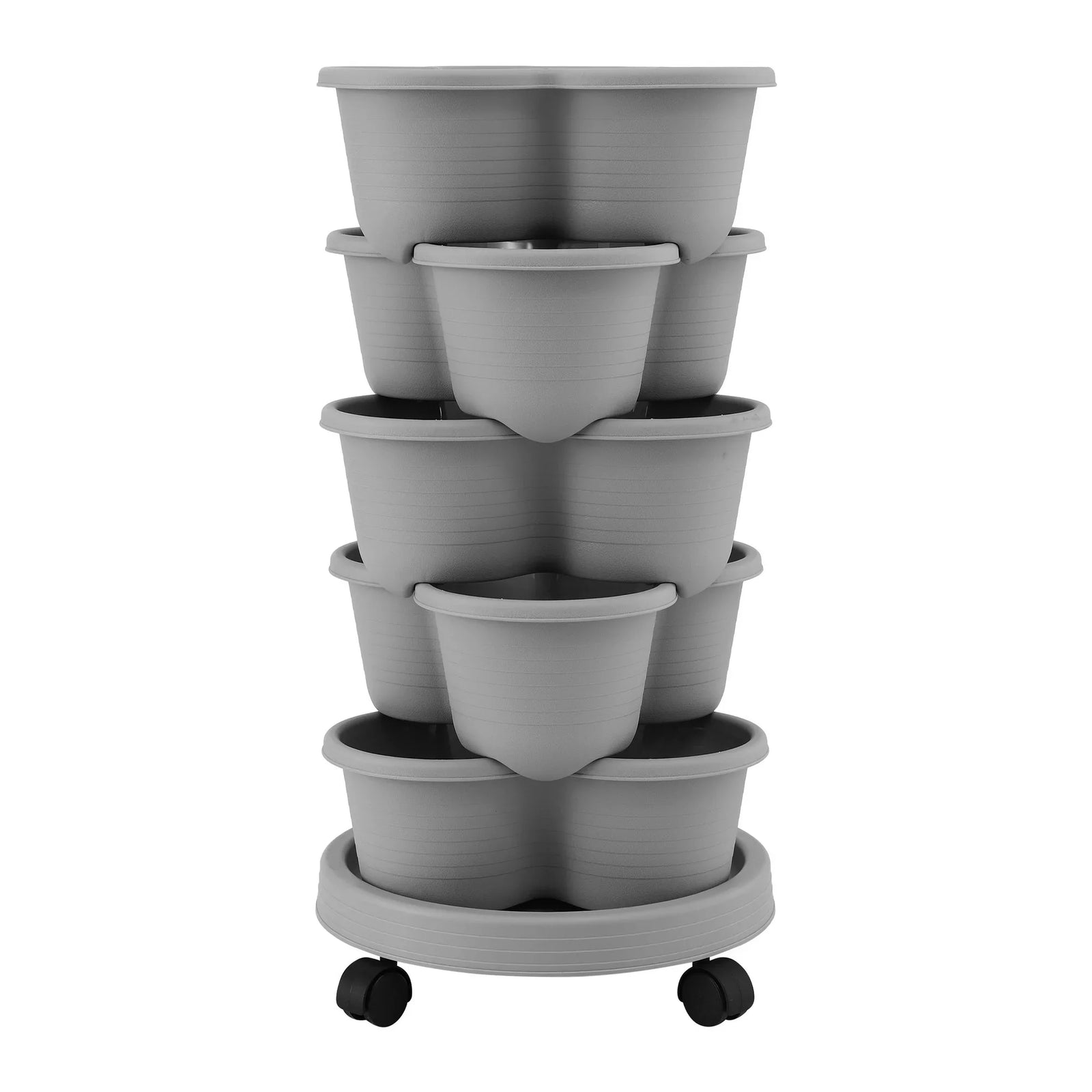 5 Tier Vertical Garden Planter, Stackable Planters with 4 Wheels, Grey, Raised Garden Bed, Garden Tower Indoor Outdoor, Auto Drainage System, for Strawberries, Herbs, Flower, Vegetables
