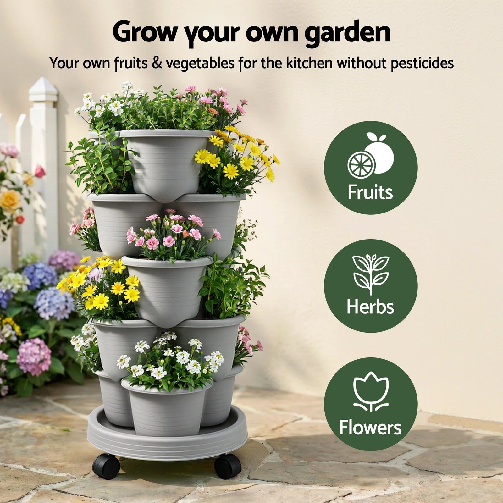 5 Tier Vertical Garden Planter, Stackable Planters with 4 Wheels, Grey, Raised Garden Bed, Garden Tower Indoor Outdoor, Auto Drainage System, for Strawberries, Herbs, Flower, Vegetables