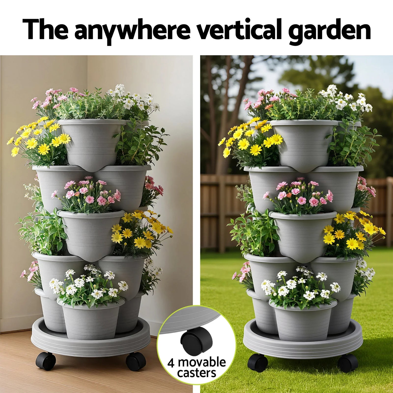 5 Tier Vertical Garden Planter, Stackable Planters with 4 Wheels, Grey, Raised Garden Bed, Garden Tower Indoor Outdoor, Auto Drainage System, for Strawberries, Herbs, Flower, Vegetables