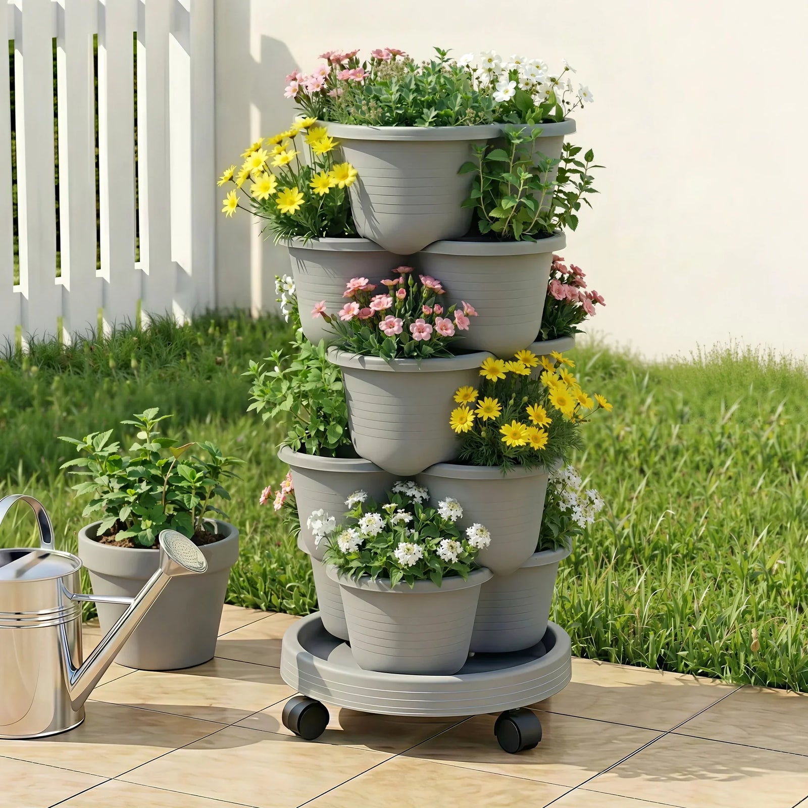 5 Tier Vertical Garden Planter, Stackable Planters with 4 Wheels, Grey, Raised Garden Bed, Garden Tower Indoor Outdoor, Auto Drainage System, for Strawberries, Herbs, Flower, Vegetables
