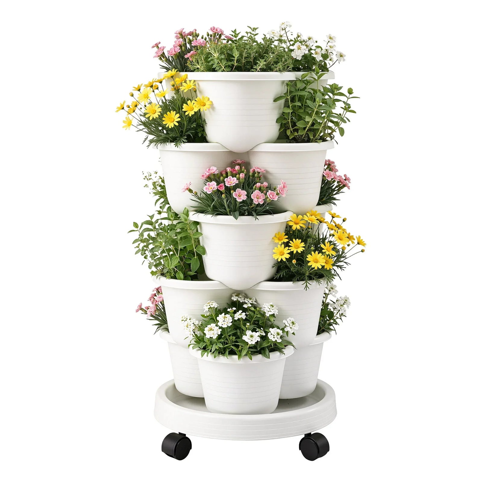 5 Tier Vertical Garden Planter, Stackable Planters with Wheels, White, Garden Bed, Garden Tower Indoor Outdoor, Auto Drainage System, for Strawberries, Herbs, Flowers, Vegetables