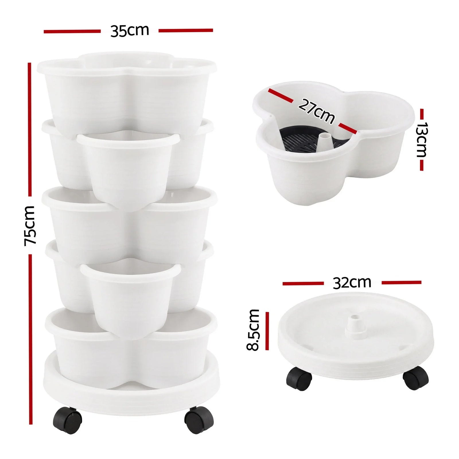 5 Tier Vertical Garden Planter, Stackable Planters with Wheels, White, Garden Bed, Garden Tower Indoor Outdoor, Auto Drainage System, for Strawberries, Herbs, Flowers, Vegetables