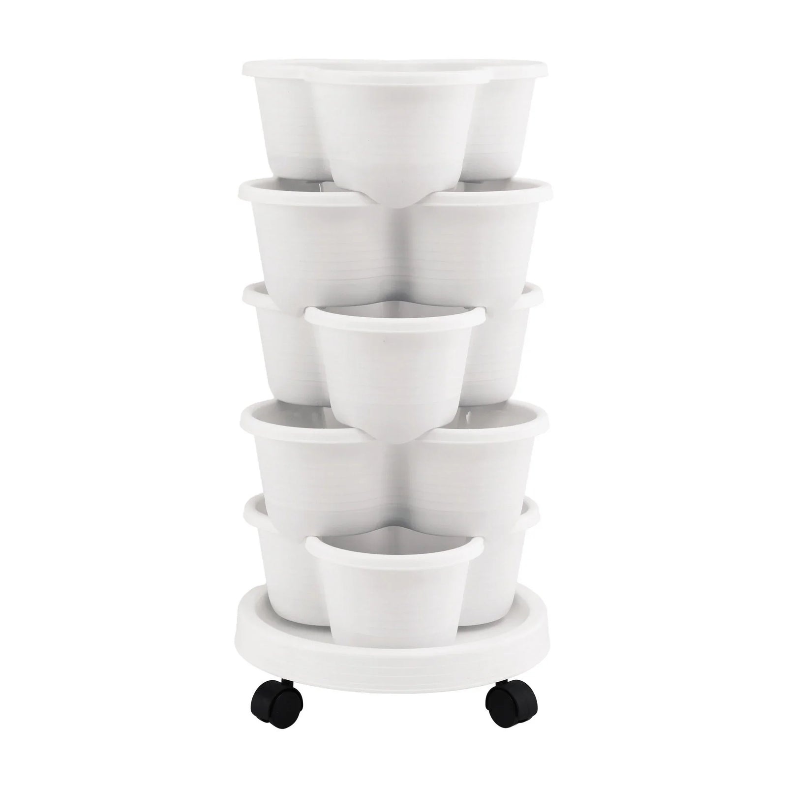 5 Tier Vertical Garden Planter, Stackable Planters with Wheels, White, Garden Bed, Garden Tower Indoor Outdoor, Auto Drainage System, for Strawberries, Herbs, Flowers, Vegetables