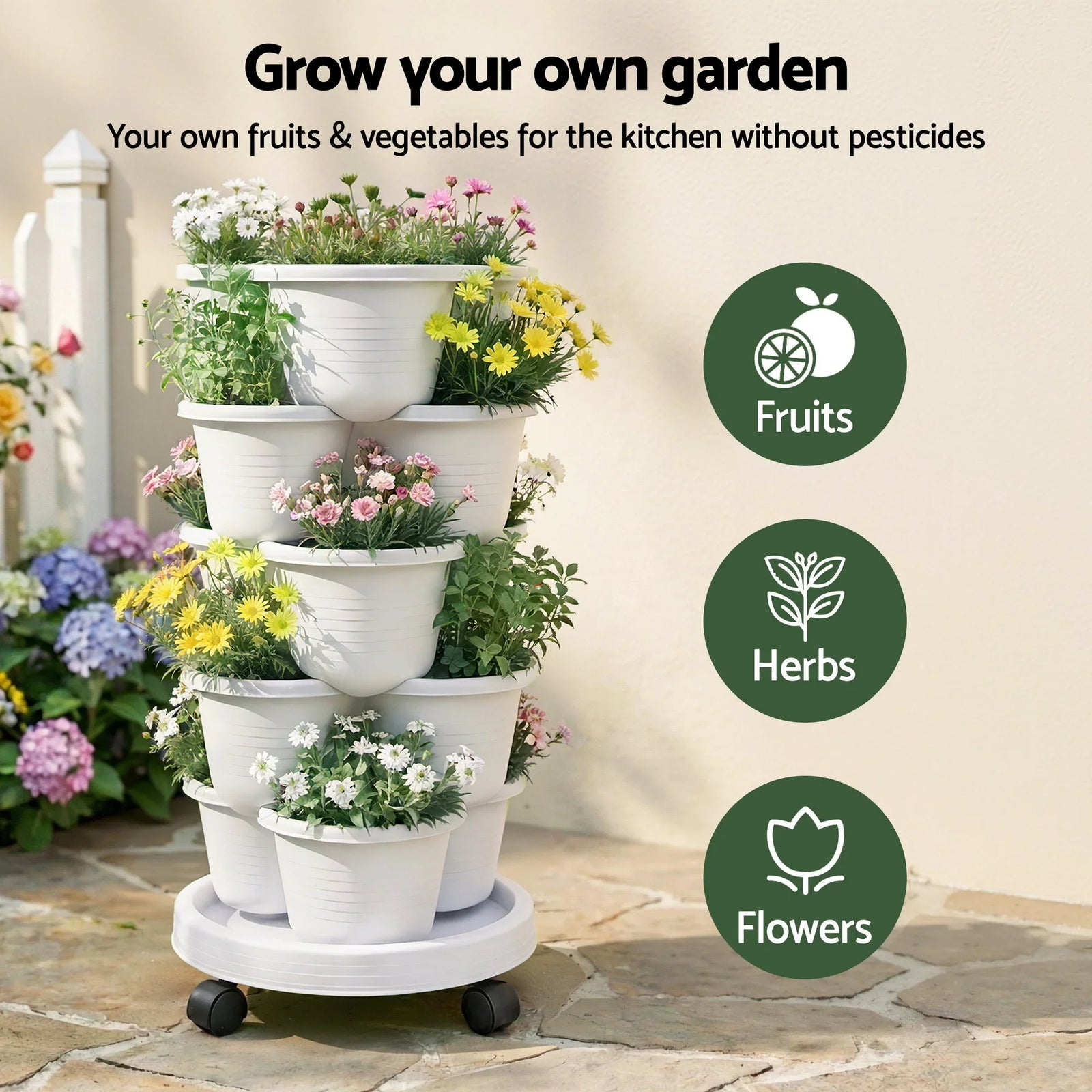 5 Tier Vertical Garden Planter, Stackable Planters with Wheels, White, Garden Bed, Garden Tower Indoor Outdoor, Auto Drainage System, for Strawberries, Herbs, Flowers, Vegetables