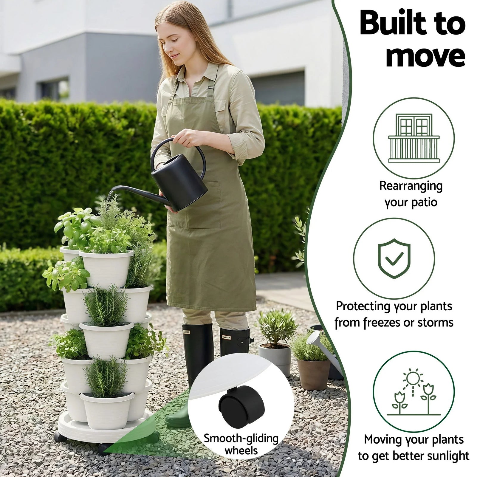 5 Tier Vertical Garden Planter, Stackable Planters with Wheels, White, Garden Bed, Garden Tower Indoor Outdoor, Auto Drainage System, for Strawberries, Herbs, Flowers, Vegetables