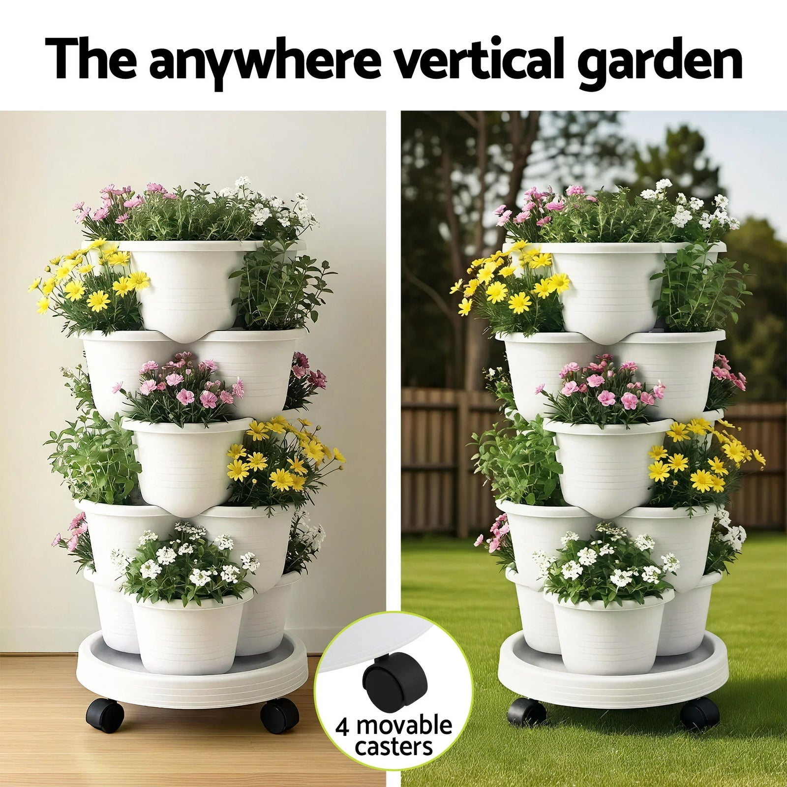 5 Tier Vertical Garden Planter, Stackable Planters with Wheels, White, Garden Bed, Garden Tower Indoor Outdoor, Auto Drainage System, for Strawberries, Herbs, Flowers, Vegetables