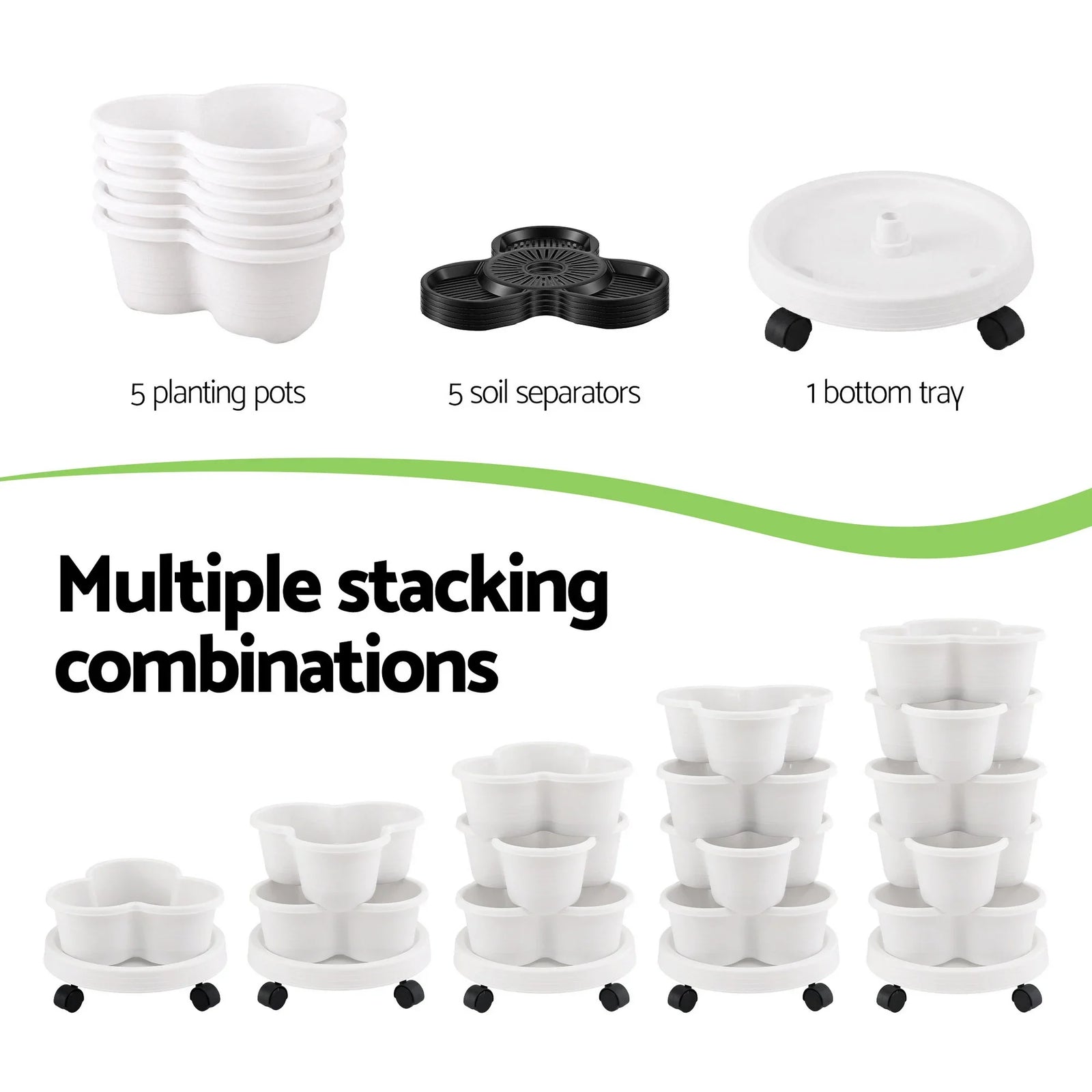 5 Tier Vertical Garden Planter, Stackable Planters with Wheels, White, Garden Bed, Garden Tower Indoor Outdoor, Auto Drainage System, for Strawberries, Herbs, Flowers, Vegetables