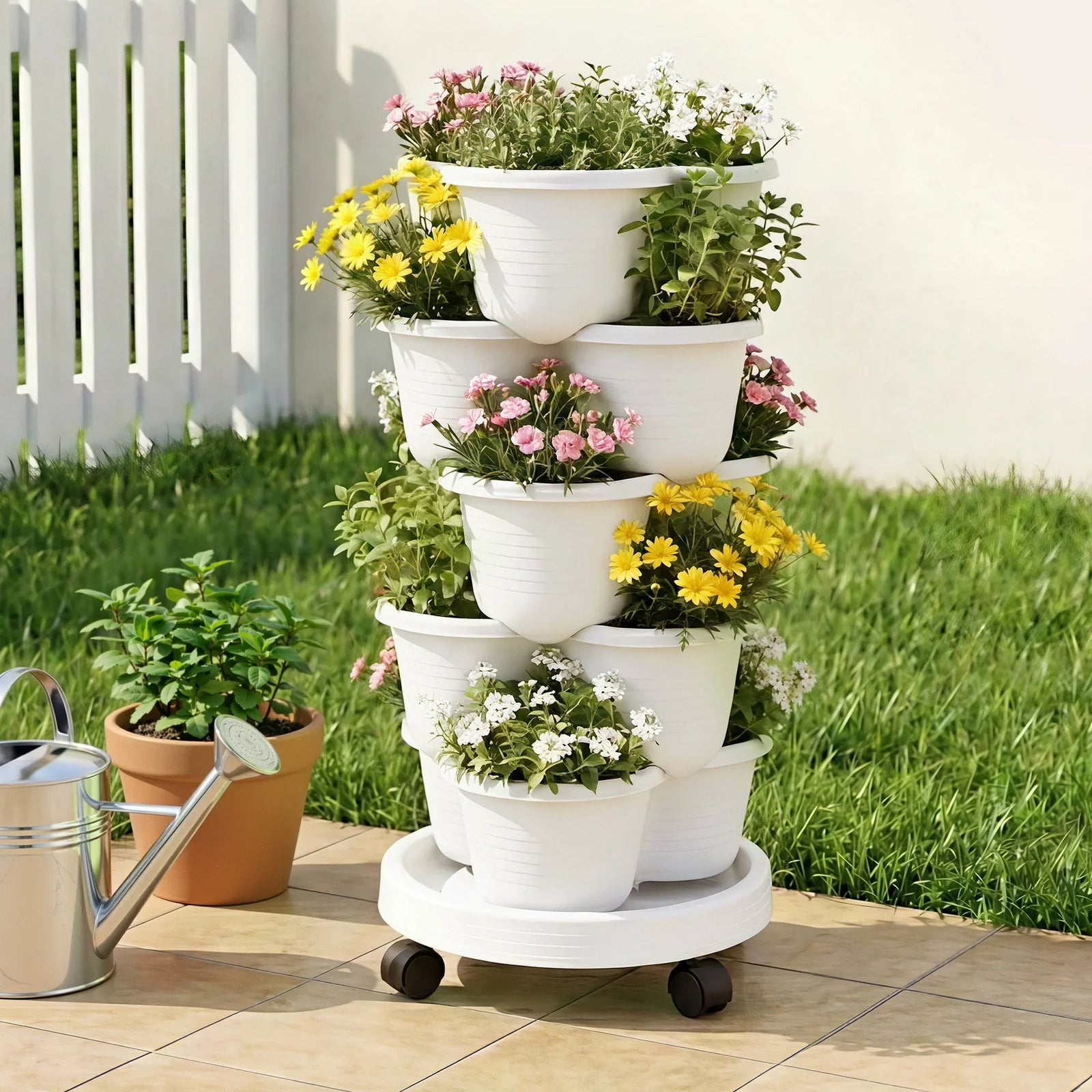 5 Tier Vertical Garden Planter, Stackable Planters with Wheels, White, Garden Bed, Garden Tower Indoor Outdoor, Auto Drainage System, for Strawberries, Herbs, Flowers, Vegetables
