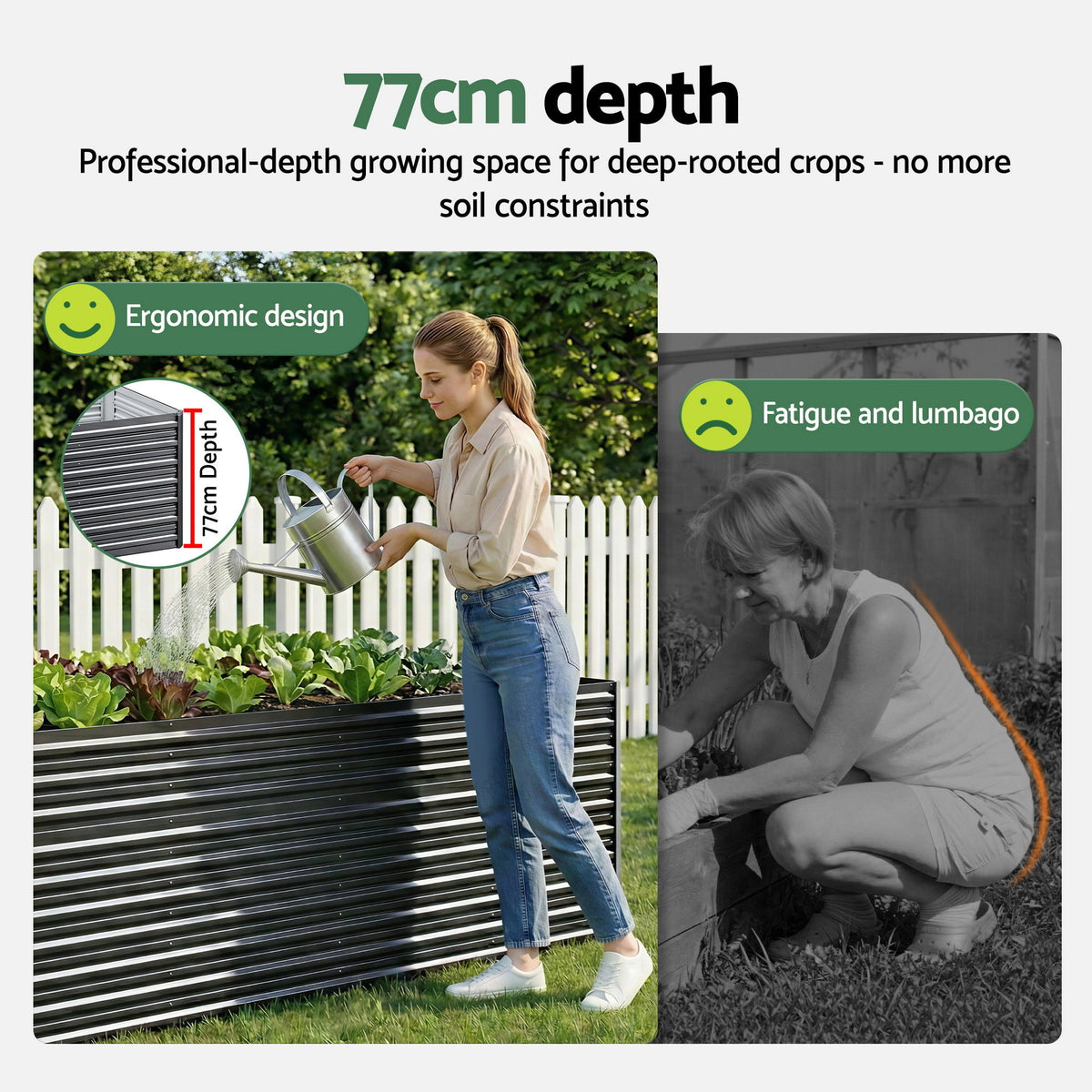 2-in-1 Raised Garden Bed Kit, 240cm/120cm| 77cm Extra Deep Ergonomic Planter Box | Protect Your Back | Galvanised Steel Vegetable Flower Pot for Outdoor Garden | Includes Gloves & Pegs