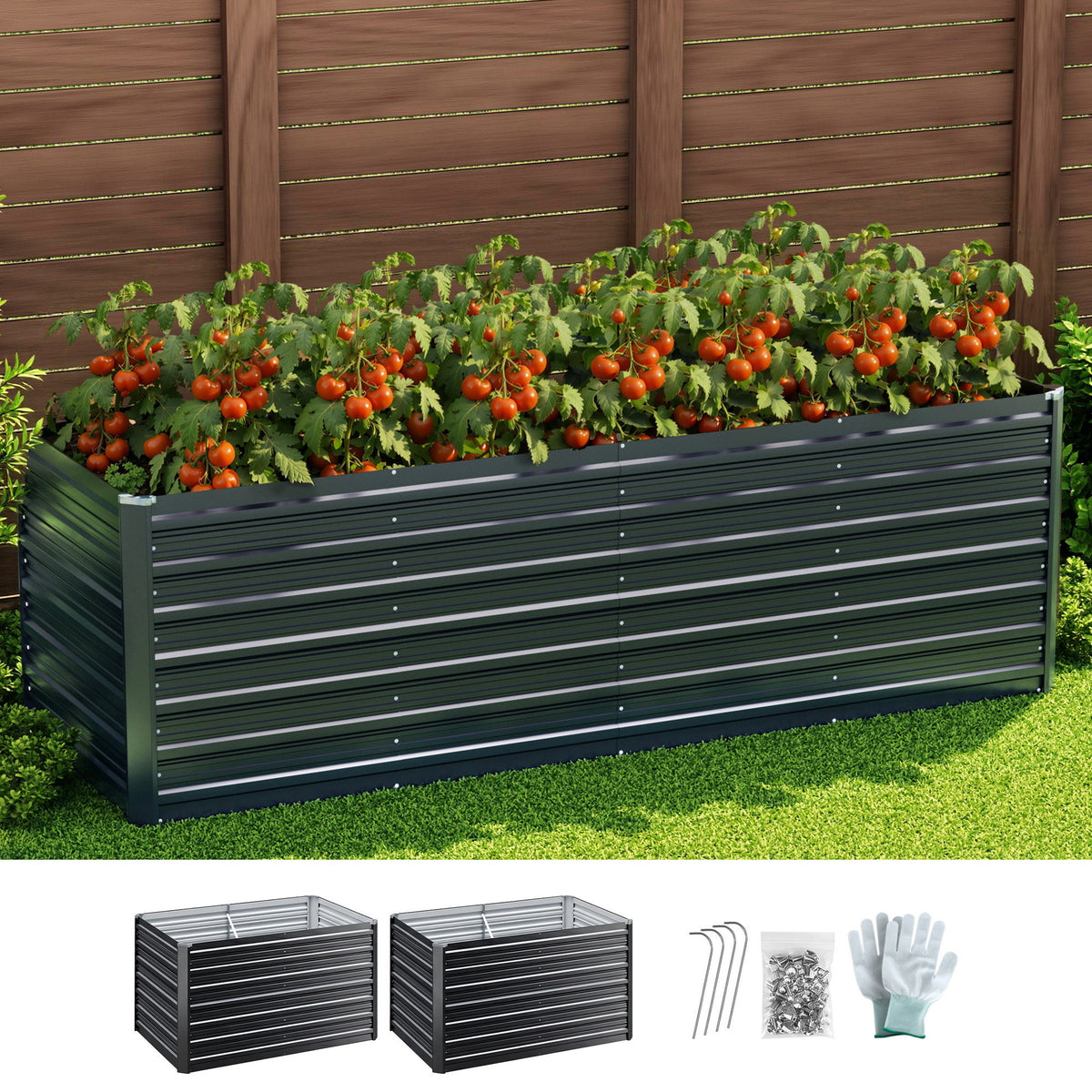 2-in-1 Raised Garden Bed Kit, 240cm/120cm| 77cm Extra Deep Ergonomic Planter Box | Protect Your Back | Galvanised Steel Vegetable Flower Pot for Outdoor Garden | Includes Gloves & Pegs