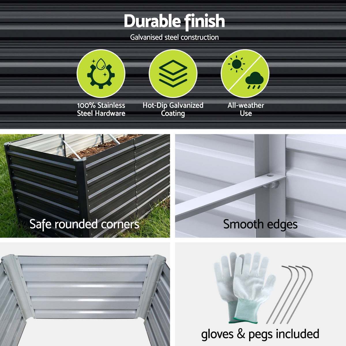 2-in-1 Raised Garden Bed Kit, 240cm/120cm| 77cm Extra Deep Ergonomic Planter Box | Protect Your Back | Galvanised Steel Vegetable Flower Pot for Outdoor Garden | Includes Gloves & Pegs