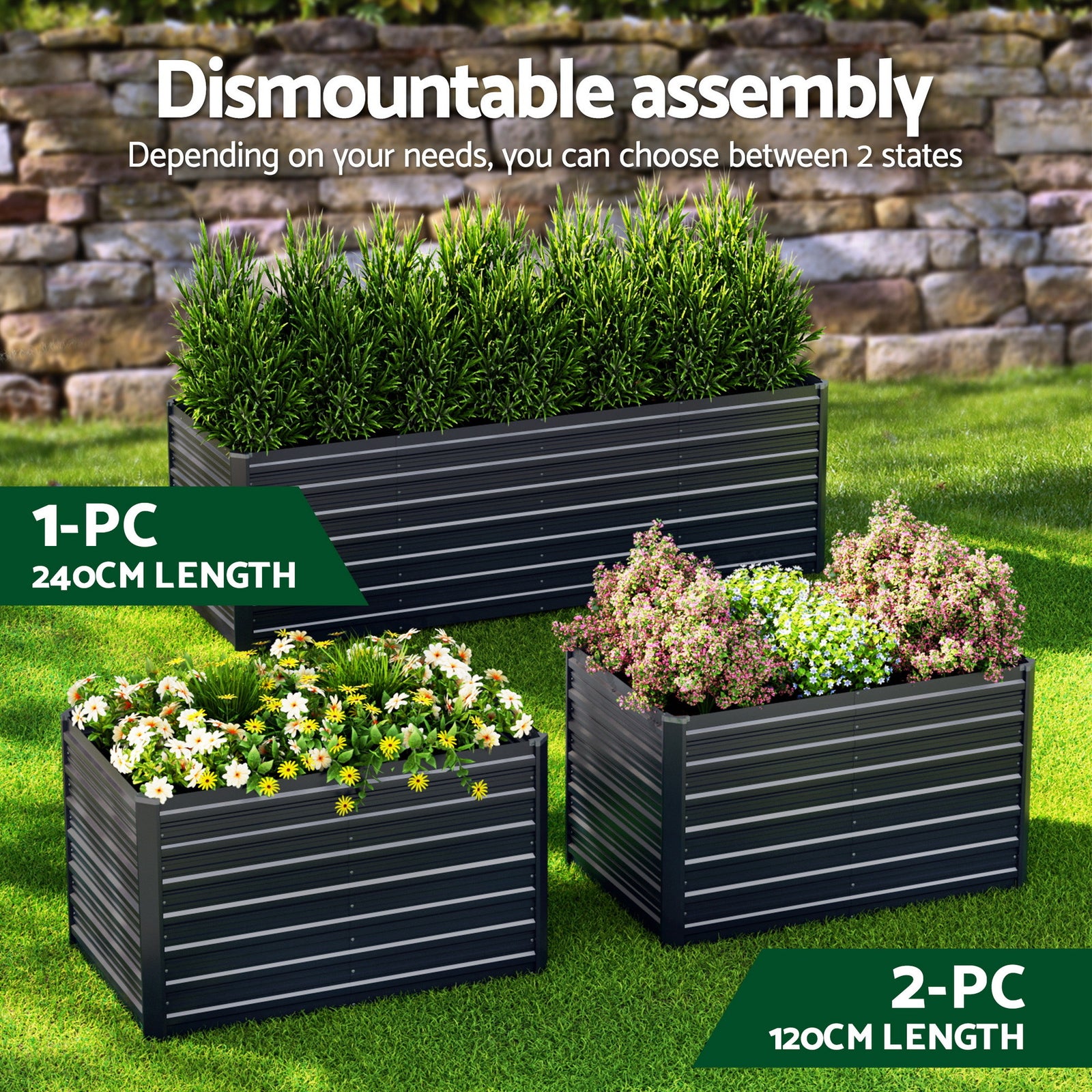 Green Fingers 2-in-1 Raised Garden Bed Kit 45cm Professional Depth Ergonomic 240cm Large Metal Planter Box | Easier Access Veggie Patch | Rust-Proof Galvanised Steel with Safe Rounded Corners & Gloves