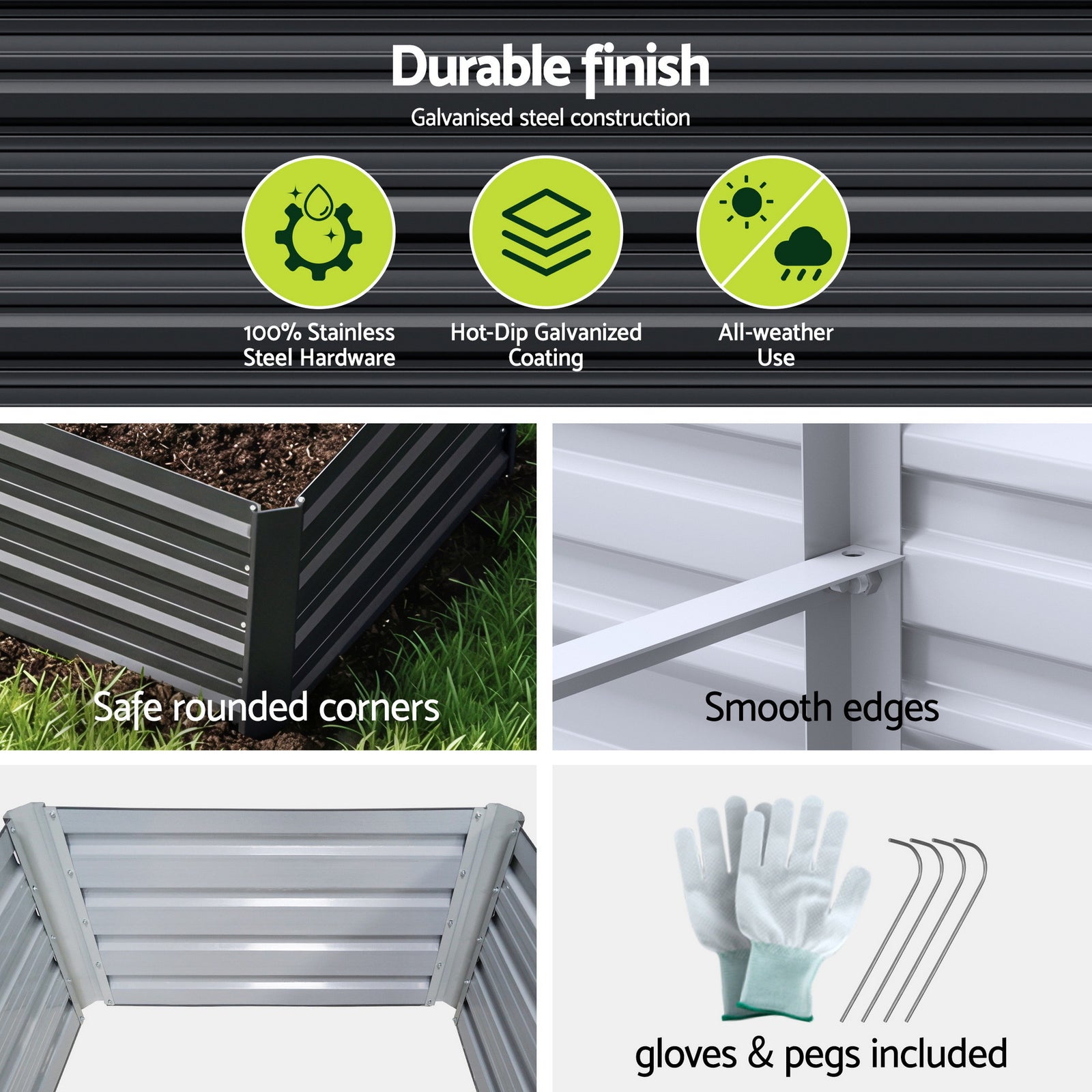 Green Fingers 2-in-1 Raised Garden Bed Kit 45cm Professional Depth Ergonomic 240cm Large Metal Planter Box | Easier Access Veggie Patch | Rust-Proof Galvanised Steel with Safe Rounded Corners & Gloves