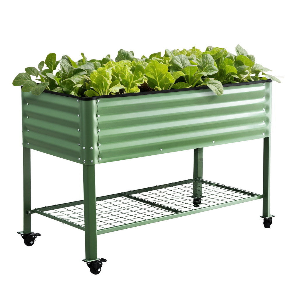 Elevated Raised Garden Bed Kit Mobile w/ Locking Wheels & Storage Shelf 100KG Max Load 115x60x81cm | Galvanized Steel, Portable Green Organizer for Seniors, Patio, Balcony, Vegetables