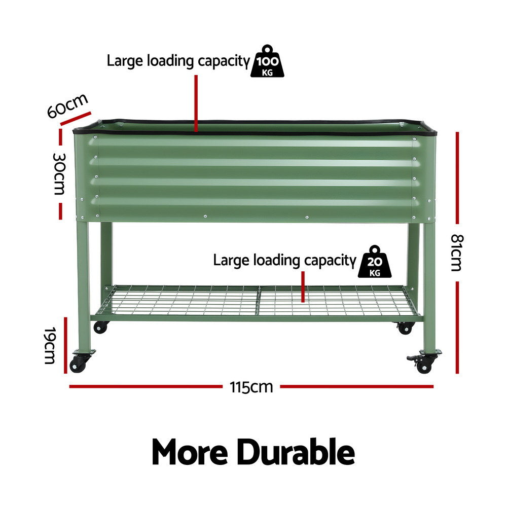 Elevated Raised Garden Bed Kit Mobile w/ Locking Wheels & Storage Shelf 100KG Max Load 115x60x81cm | Galvanized Steel, Portable Green Organizer for Seniors, Patio, Balcony, Vegetables
