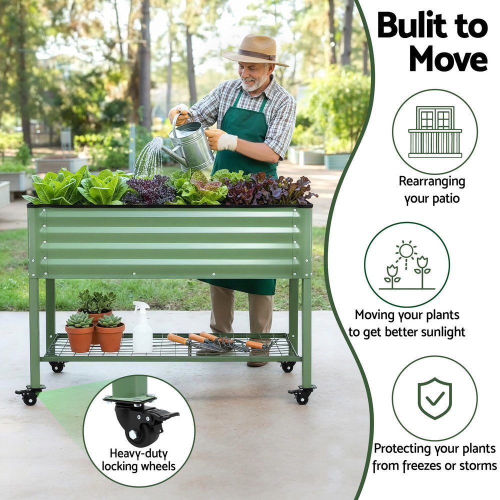 Elevated Raised Garden Bed Kit Mobile w/ Locking Wheels & Storage Shelf 100KG Max Load 115x60x81cm | Galvanized Steel, Portable Green Organizer for Seniors, Patio, Balcony, Vegetables