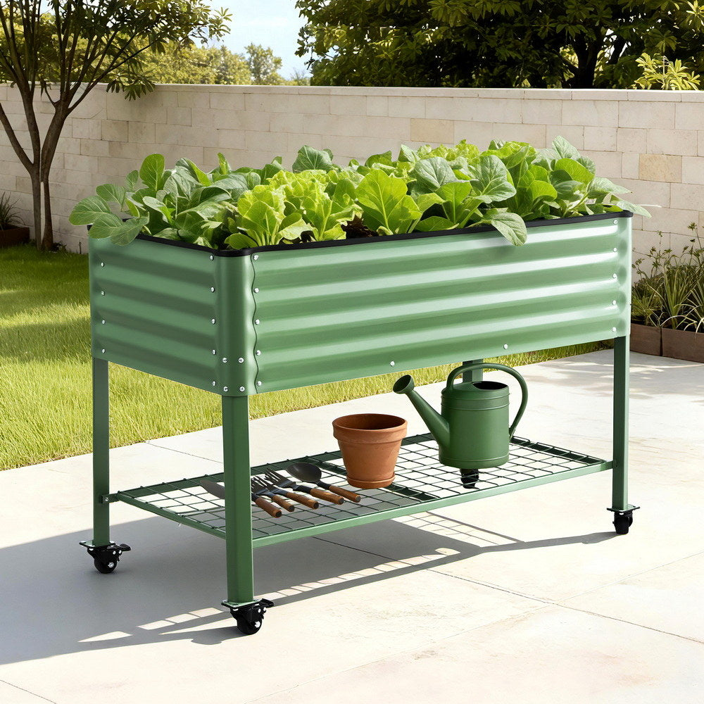 Elevated Raised Garden Bed Kit Mobile w/ Locking Wheels & Storage Shelf 100KG Max Load 115x60x81cm | Galvanized Steel, Portable Green Organizer for Seniors, Patio, Balcony, Vegetables