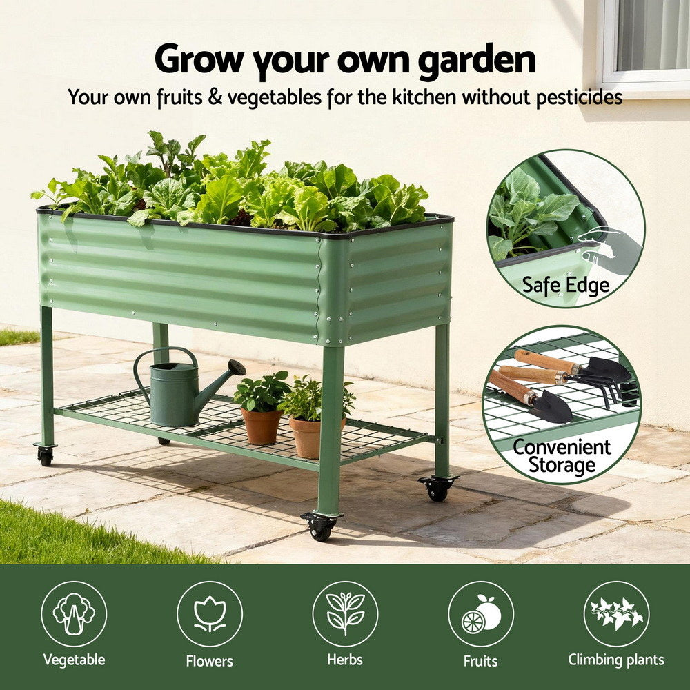 Elevated Raised Garden Bed Kit Mobile w/ Locking Wheels & Storage Shelf 100KG Max Load 115x60x81cm | Galvanized Steel, Portable Green Organizer for Seniors, Patio, Balcony, Vegetables