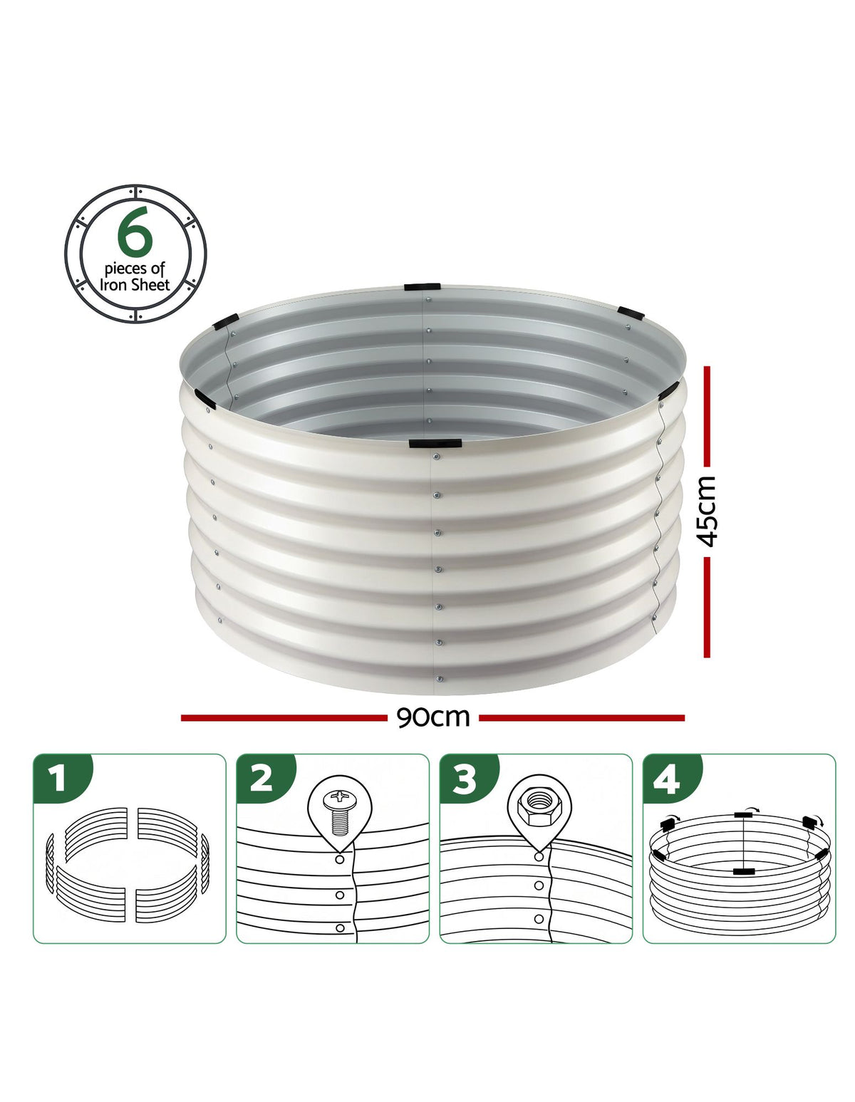 Green Fingers Round Metal Raised Garden Bed 90x45cm Planter Box White