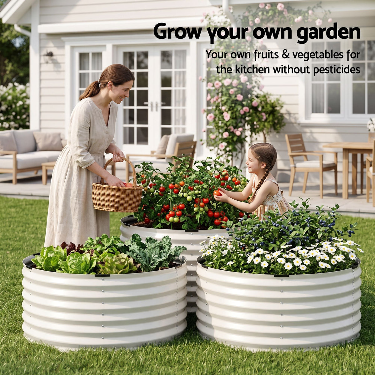 Green Fingers Round Metal Raised Garden Bed 90x45cm Planter Box White