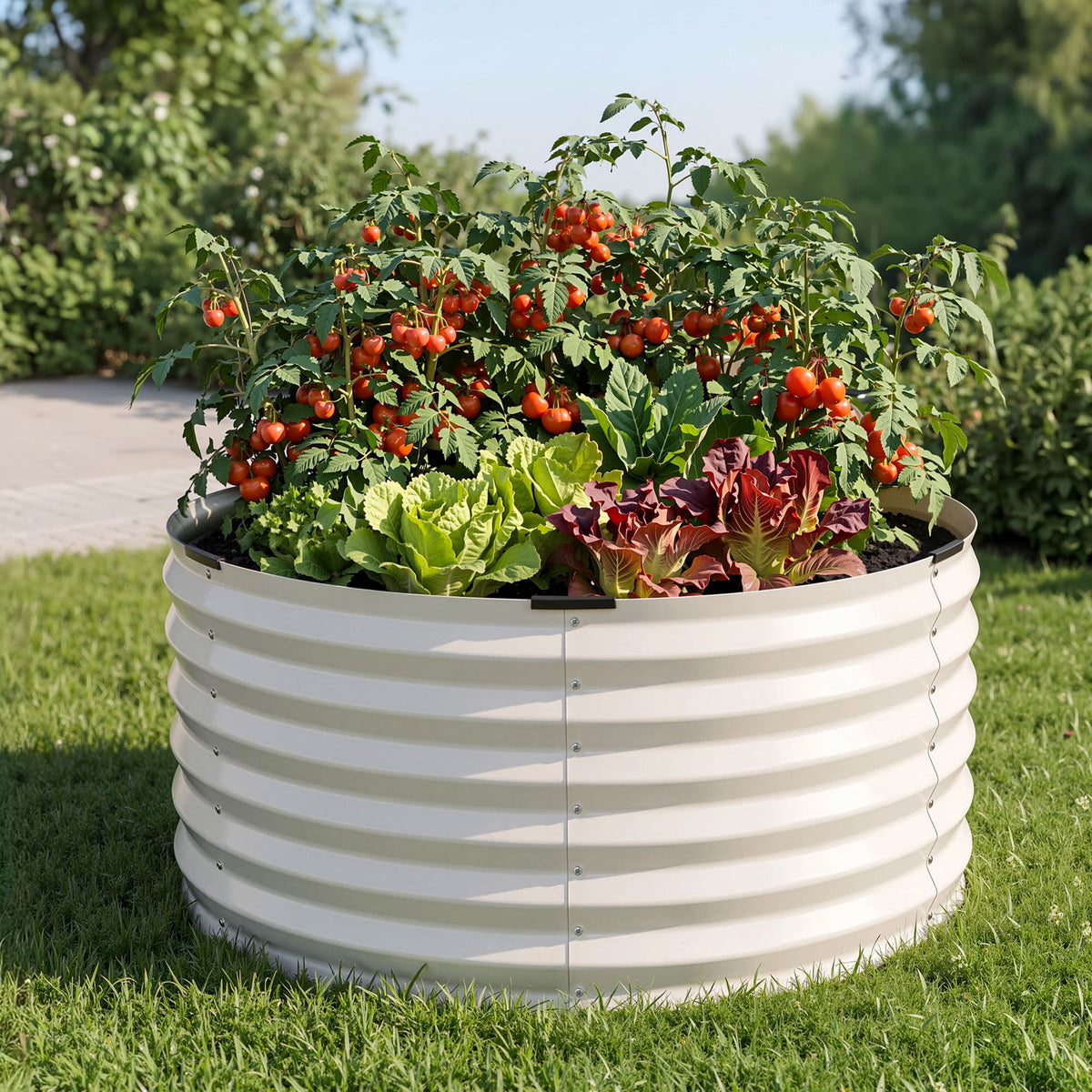 Green Fingers Round Metal Raised Garden Bed 90x45cm Planter Box White