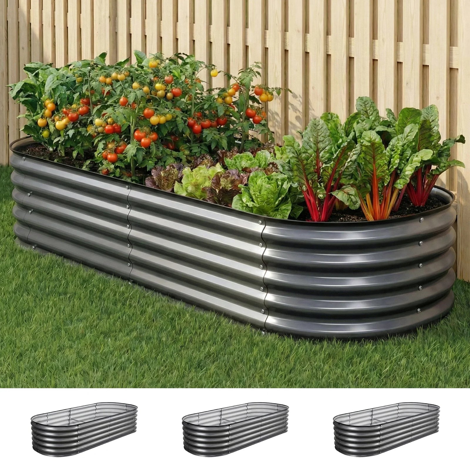 3 Pcs Raised Garden Bed Kit Oval Galvanized Steel Planter Boxes 160x80x42cm, Heavy Duty Metal Elevated Garden Bed for Vegetables Flowers Herbs, with Safety Edging, Gloves & Pegs Included