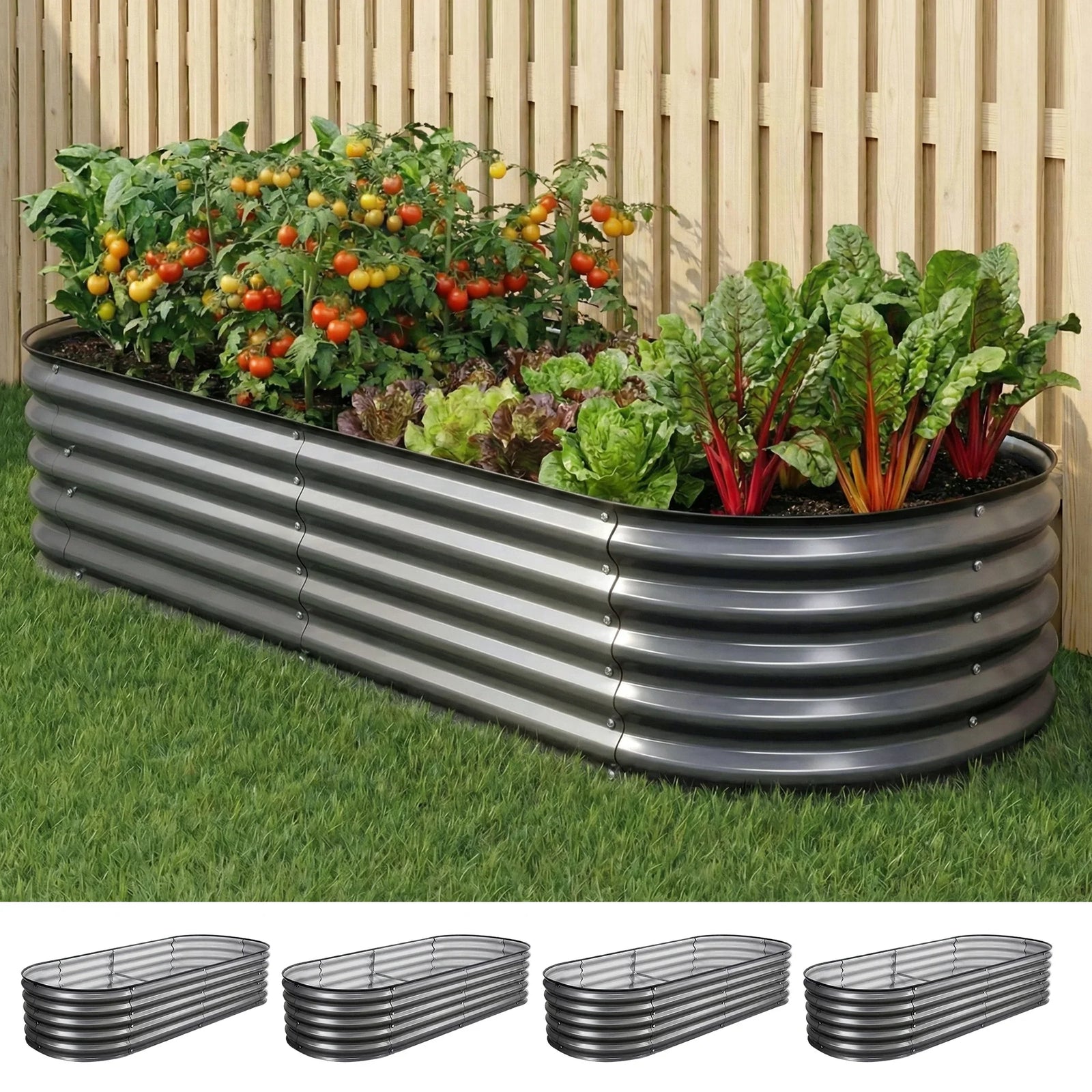 4 Pcs Raised Garden Bed Kit Oval Galvanized Steel Planter Boxes 160x80x42cm, Heavy Duty Metal Elevated Garden Bed for Vegetables Flowers Herbs, with Safety Edging, Gloves & Pegs Included