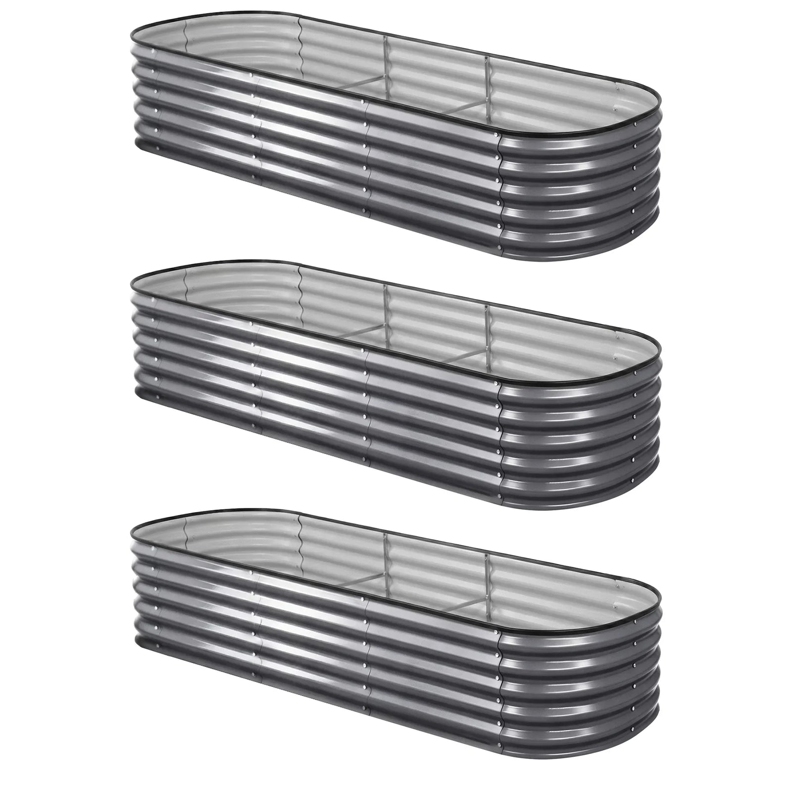 3 Pcs Raised Garden Bed Kit Oval Galvanized Steel Planter Boxes 240x80x42cm, Heavy Duty Metal Elevated Garden Bed for Vegetables Flowers Herbs, with Safety Edging, Gloves & Pegs Included