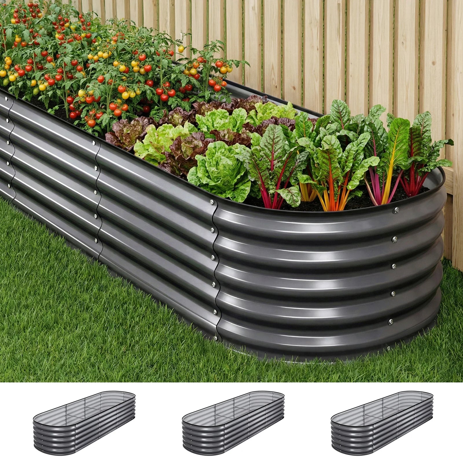 3 Pcs Raised Garden Bed Kit Oval Galvanized Steel Planter Boxes 240x80x42cm, Heavy Duty Metal Elevated Garden Bed for Vegetables Flowers Herbs, with Safety Edging, Gloves & Pegs Included