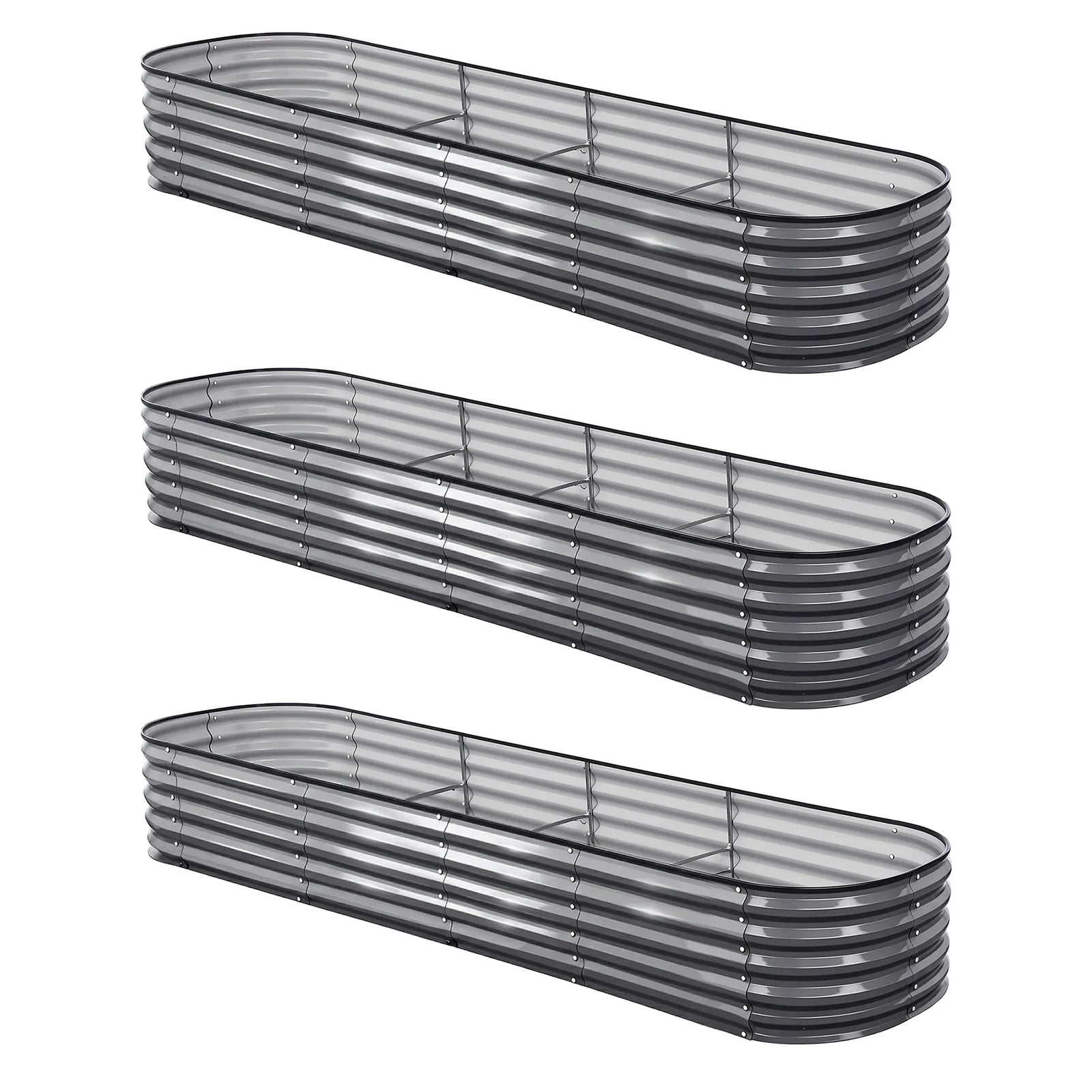 3 Pcs Raised Garden Bed Kit Oval Galvanized Steel Planter Boxes 320x80x42cm, Heavy Duty Metal Elevated Garden Bed for Vegetables Flowers Herbs, with Safety Edging, Gloves & Pegs Included