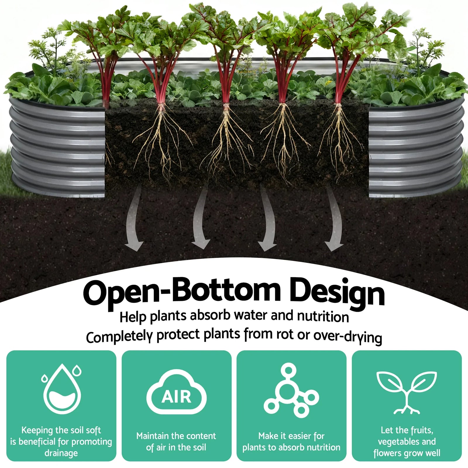 3 Pcs Raised Garden Bed Kit Oval Galvanized Steel Planter Boxes 320x80x42cm, Heavy Duty Metal Elevated Garden Bed for Vegetables Flowers Herbs, with Safety Edging, Gloves & Pegs Included
