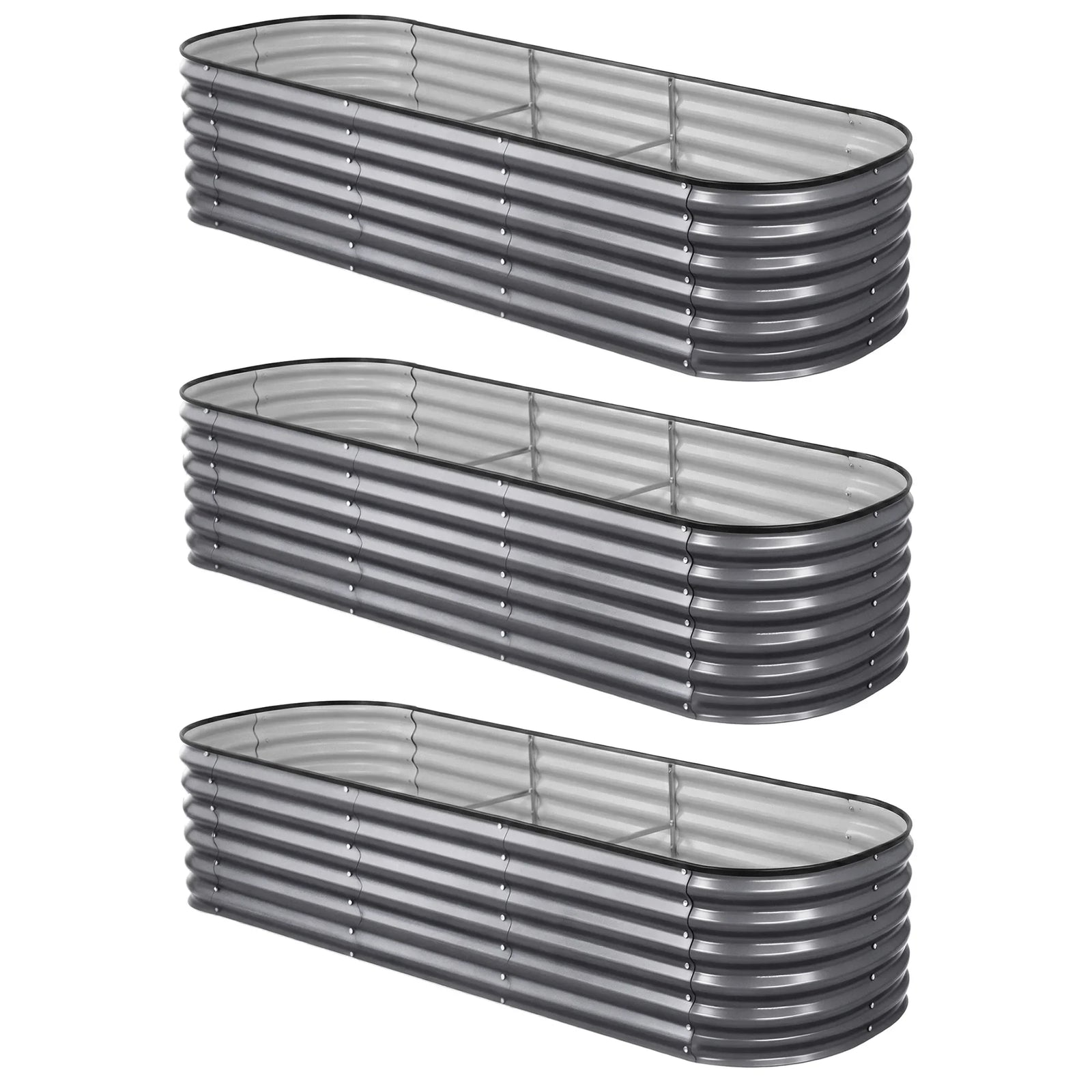 3 Pcs Raised Garden Bed Kit Oval Galvanized Steel Planter Boxes 240x80x56cm, Heavy Duty Metal Elevated Garden Bed for Vegetables Flowers Herbs, with Safety Edging, Gloves & Pegs Included