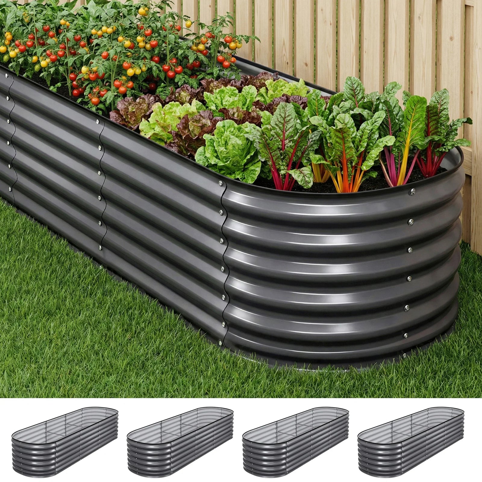 4 Pcs Raised Garden Bed Kit Oval Galvanized Steel Planter Boxes 240x80x56cm, Heavy Duty Metal Elevated Garden Bed for Vegetables Flowers Herbs, with Safety Edging, Gloves & Pegs Included
