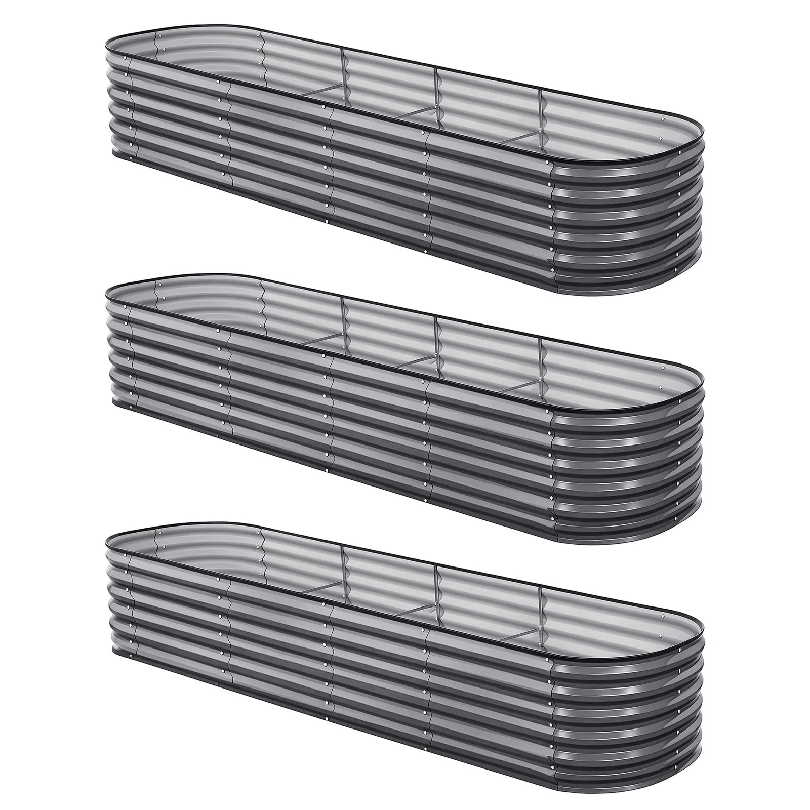 3 Pcs Raised Garden Bed Kit Oval Galvanized Steel Planter Boxes 320x80x56cm, Heavy Duty Metal Elevated Garden Bed for Vegetables Flowers Herbs, with Safety Edging, Gloves & Pegs Included