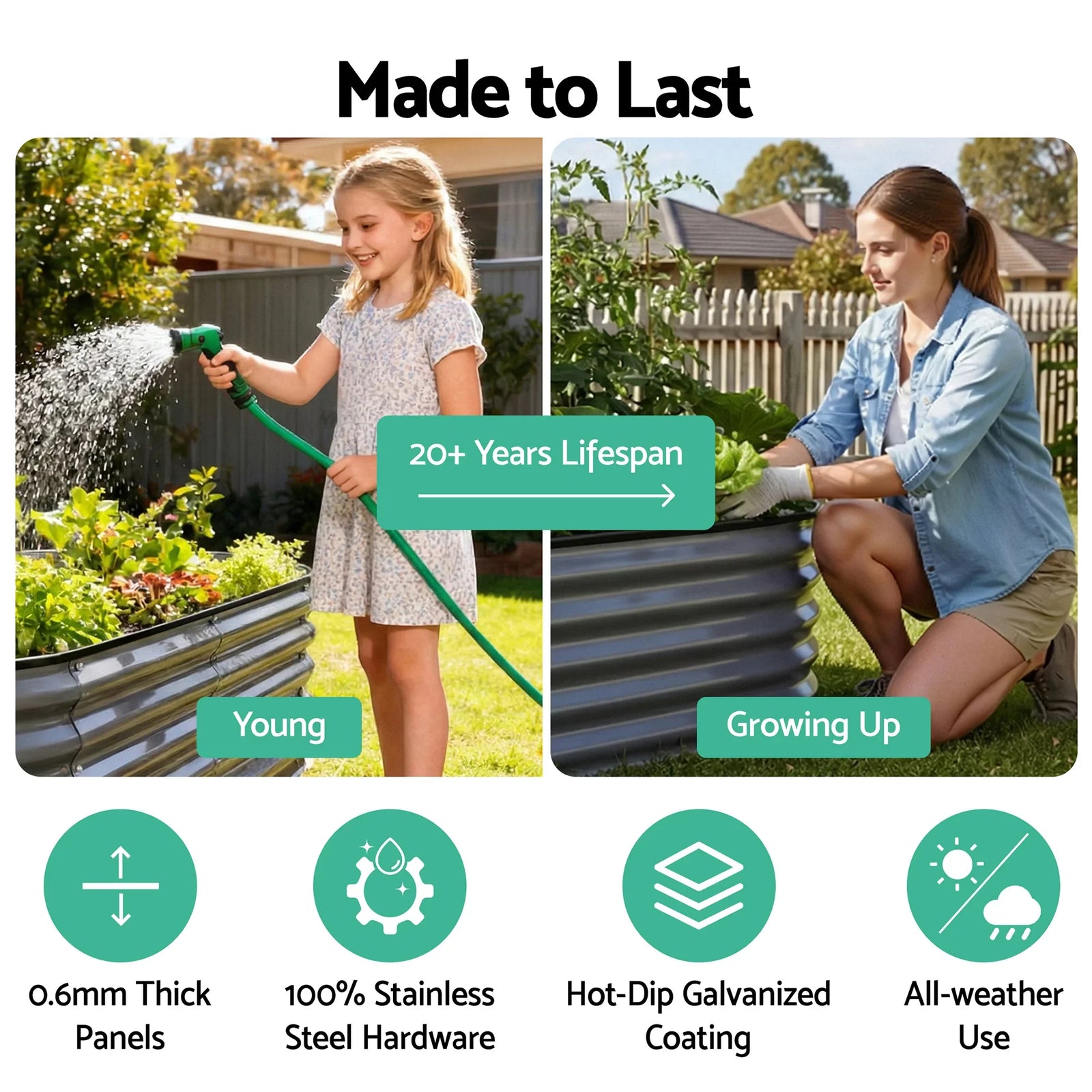 3 Pcs Raised Garden Bed Kit Oval Galvanized Steel Planter Boxes 320x80x56cm, Heavy Duty Metal Elevated Garden Bed for Vegetables Flowers Herbs, with Safety Edging, Gloves & Pegs Included
