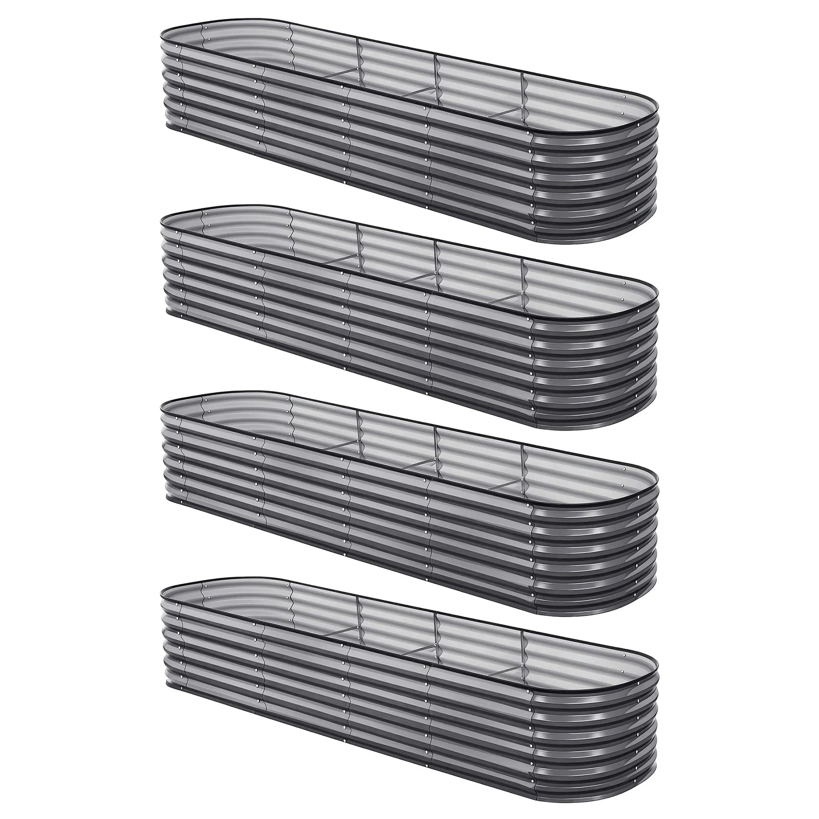 4 Pcs Raised Garden Bed Kit Oval Galvanized Steel Planter Boxes 320x80x56cm, Heavy Duty Metal Elevated Garden Bed for Vegetables Flowers Herbs, with Safety Edging, Gloves & Pegs Included