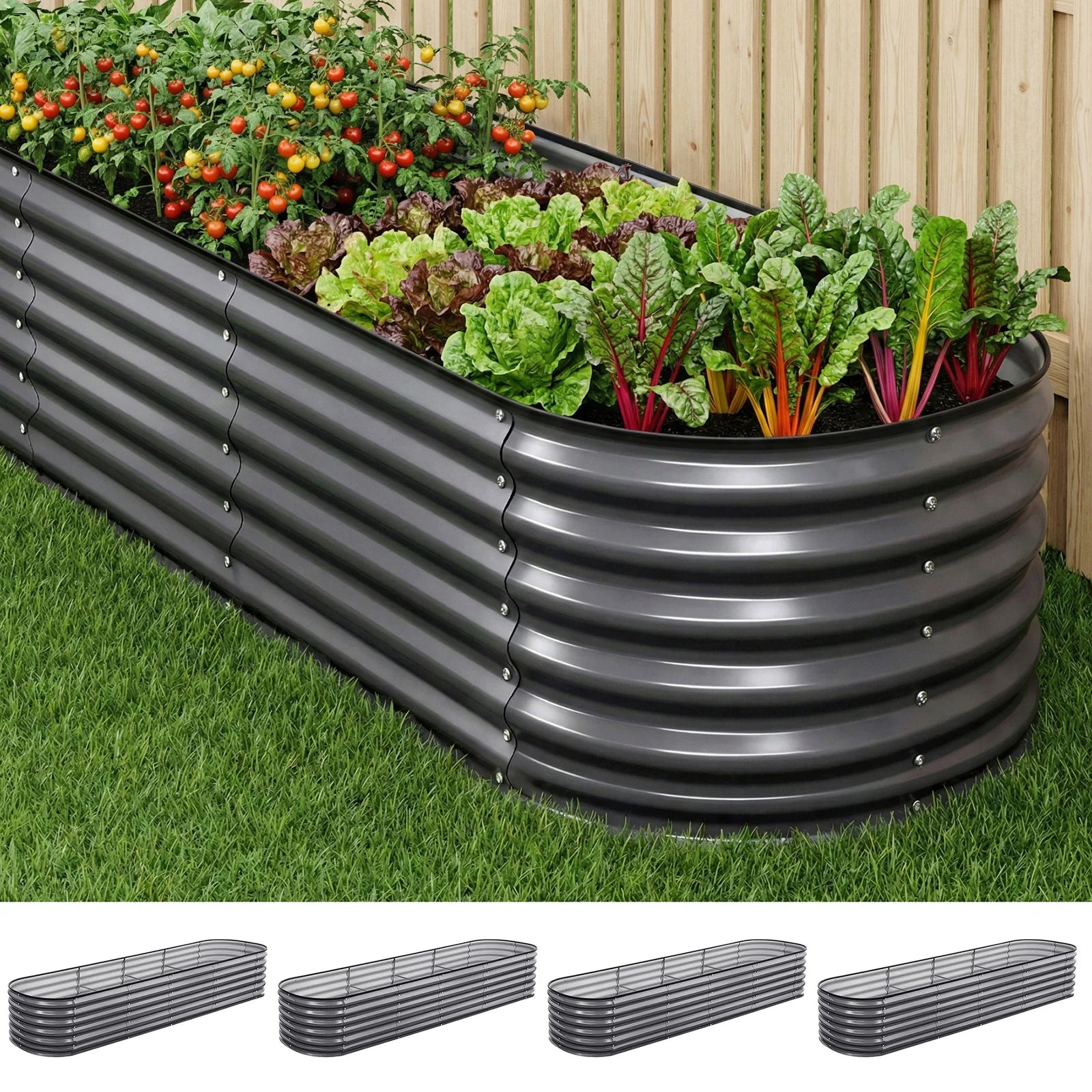 4 Pcs Raised Garden Bed Kit Oval Galvanized Steel Planter Boxes 320x80x56cm, Heavy Duty Metal Elevated Garden Bed for Vegetables Flowers Herbs, with Safety Edging, Gloves & Pegs Included