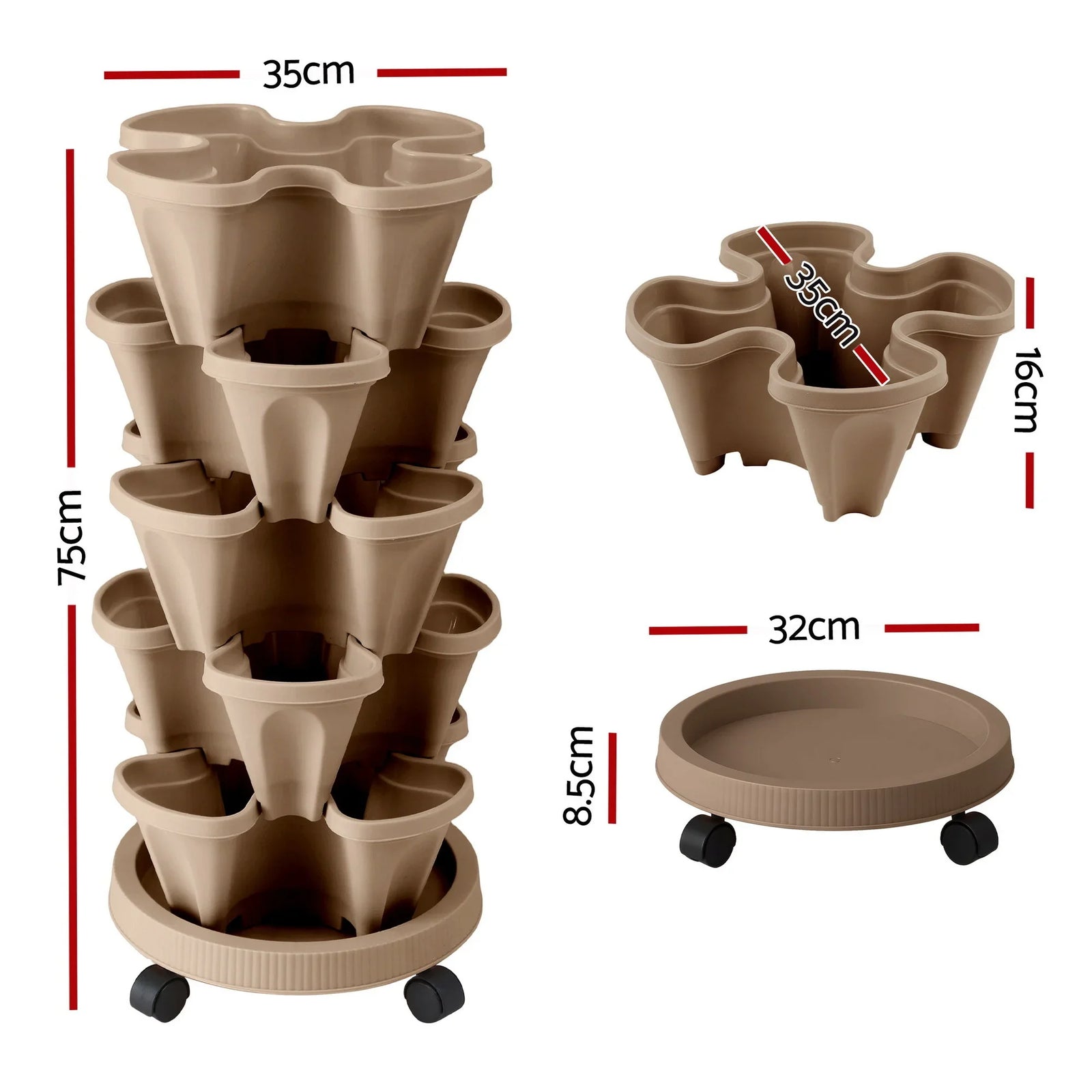 Garden Bed 5 Tier Vertical Garden Grey Strawberry Stackable Planters Herb Petunias Tan