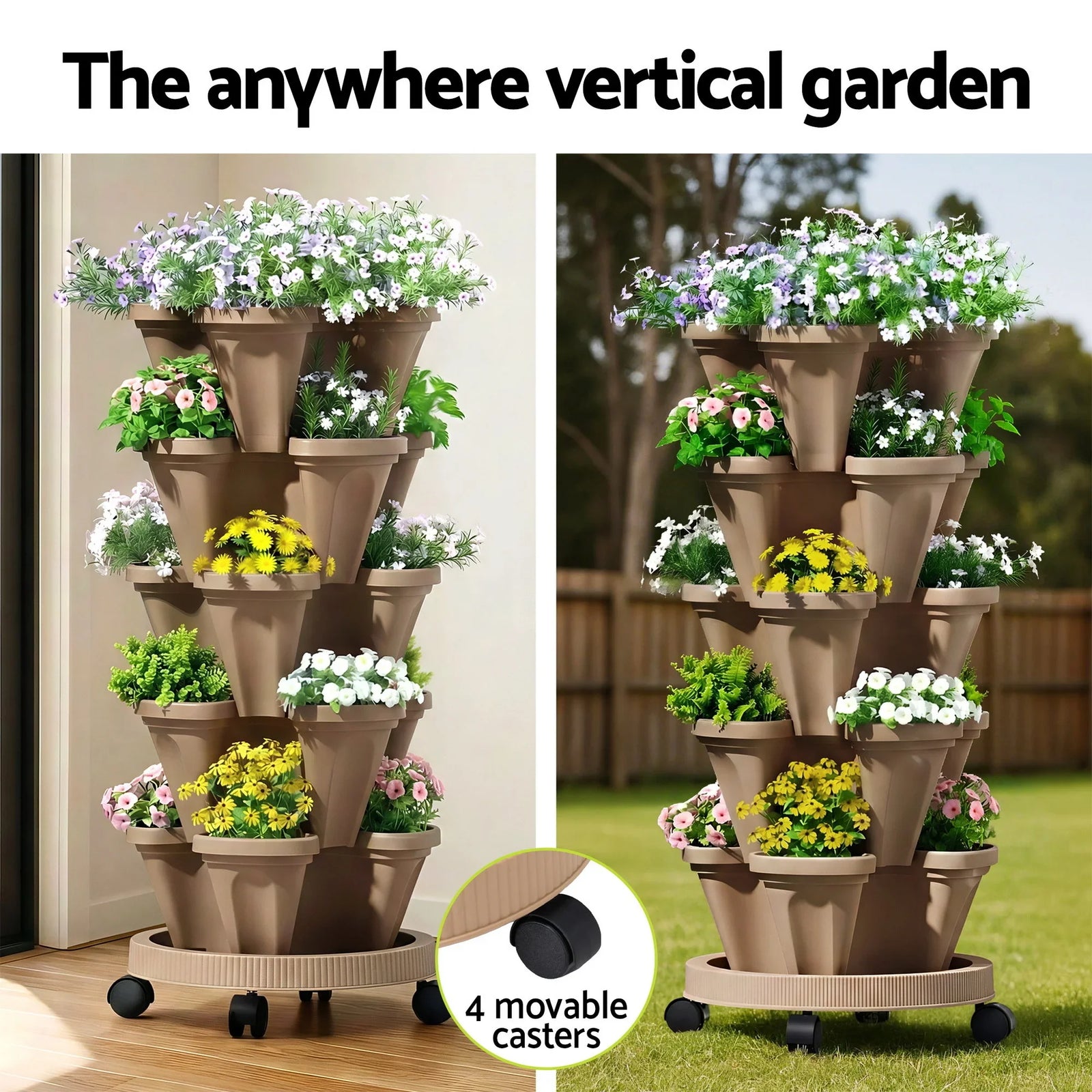 Garden Bed 5 Tier Vertical Garden Grey Strawberry Stackable Planters Herb Petunias Tan