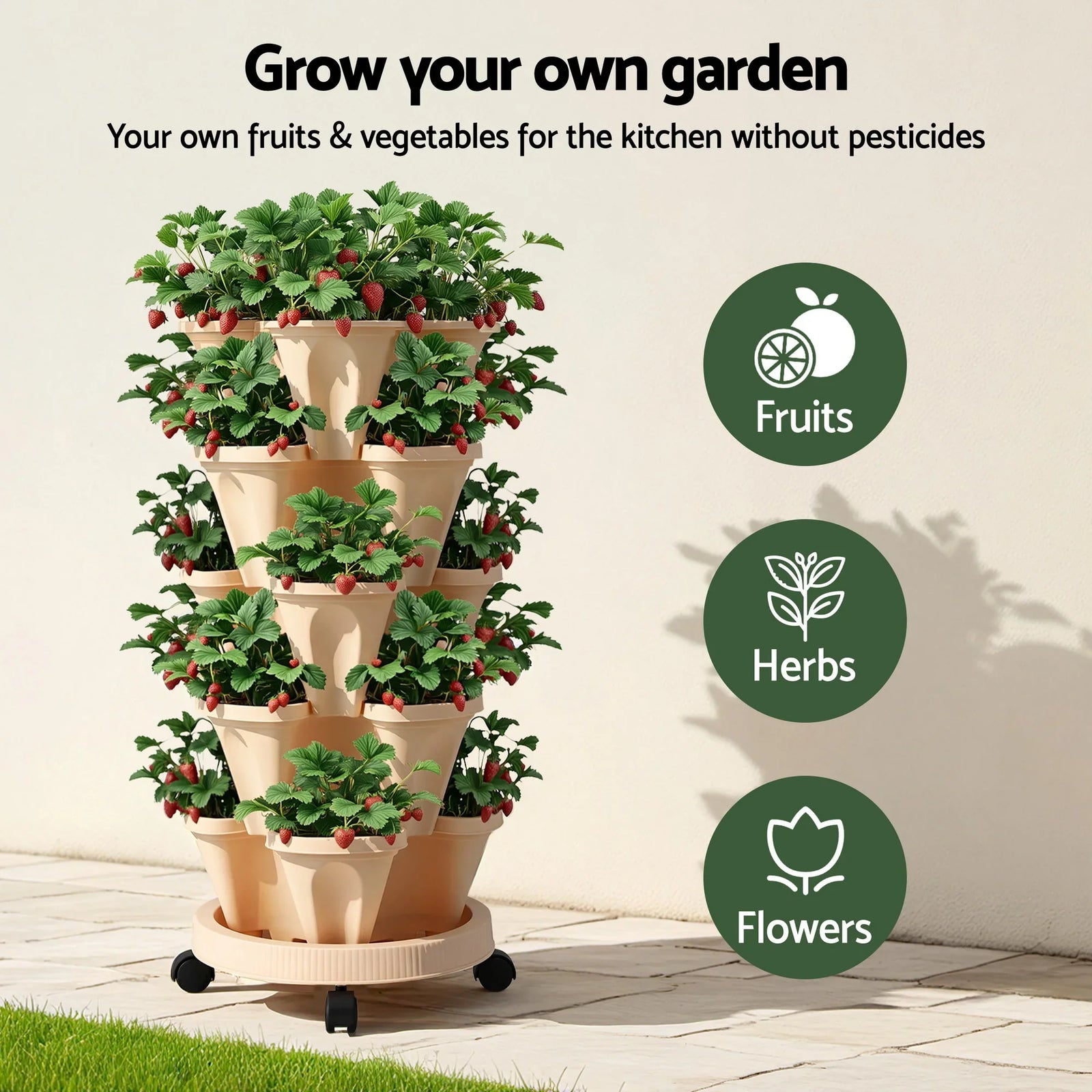 Garden Bed 5 Tier Vertical Garden Grey Strawberry Stackable Planters Herbs Beige
